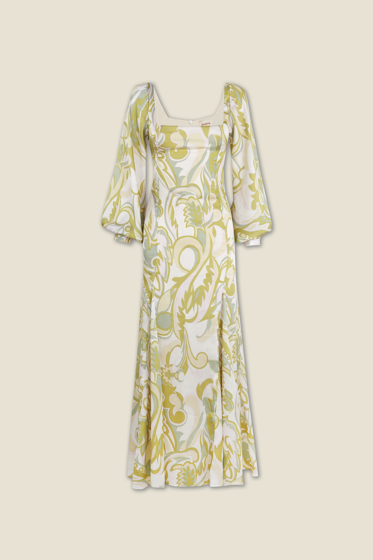 Alegra printed dress, cream with yellow-green botanical print, square neckline, puff sleeves