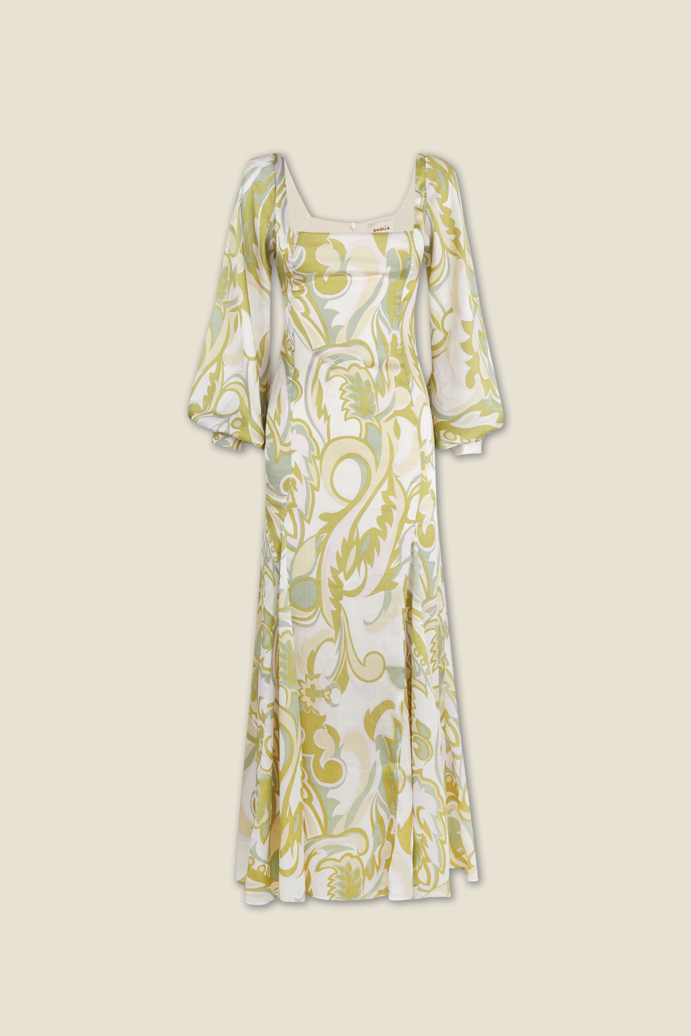 Alegra printed dress, cream with yellow-green botanical print, square neckline, puff sleeves