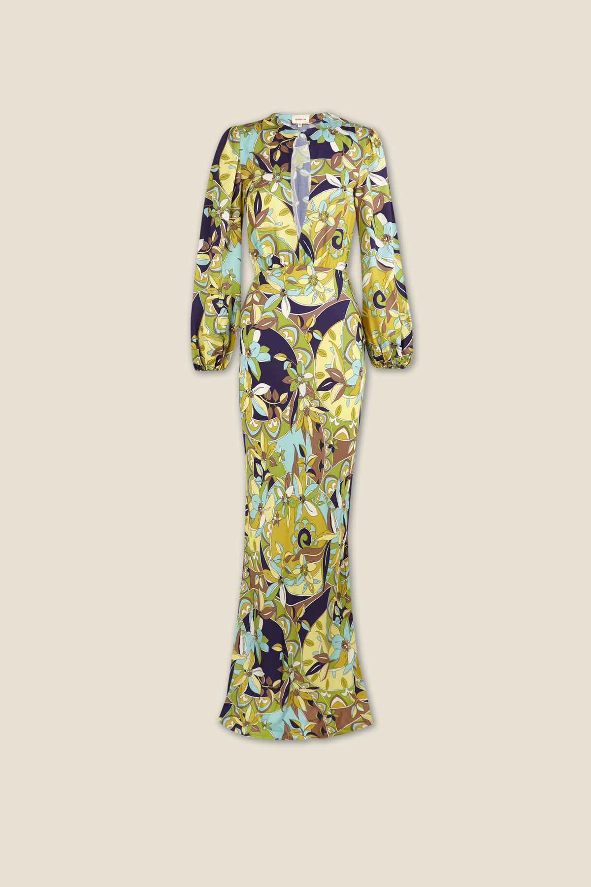Long-sleeve maxi dress with multicolor botanical print and fitted waist