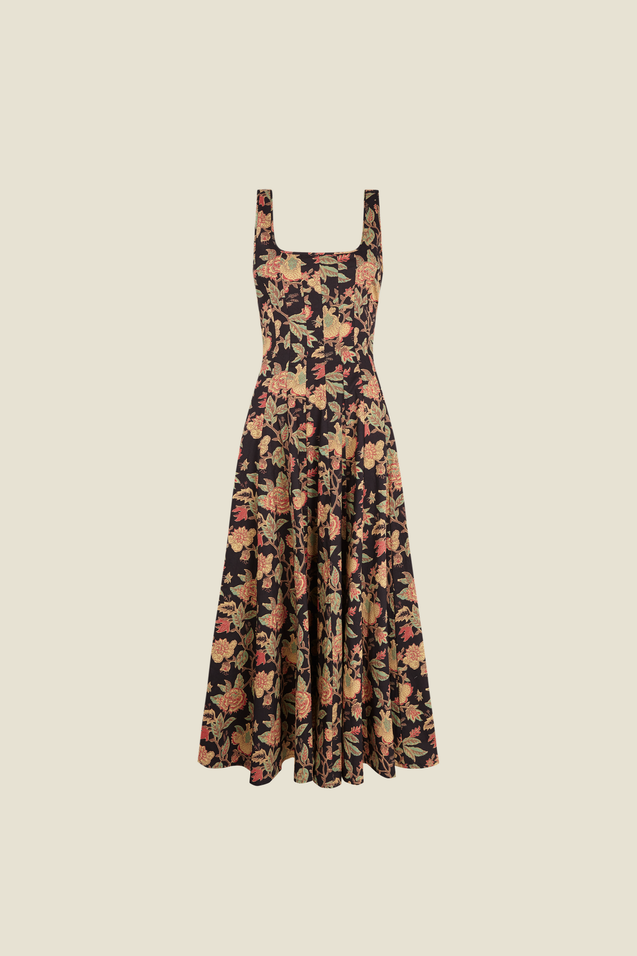 Floral maxi dress with square neckline, wide straps, fitted waist, tiered skirt