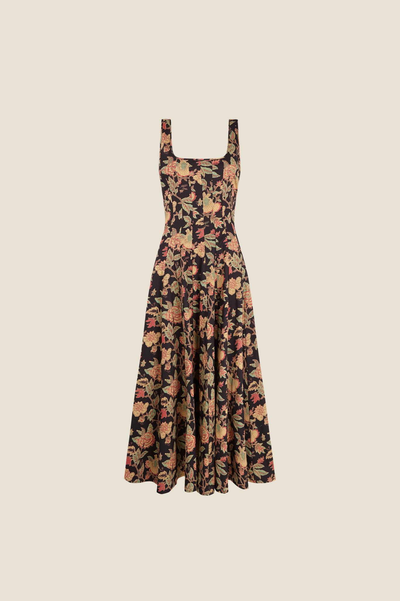 Floral maxi dress with square neckline, wide straps, fitted waist, tiered skirt