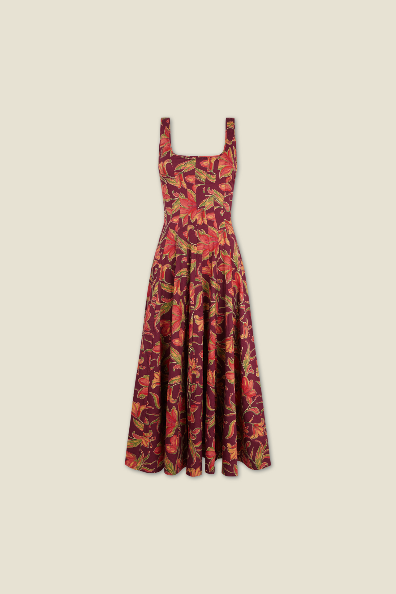 Burgundy floral sleeveless dress, square neckline and gathered skirt