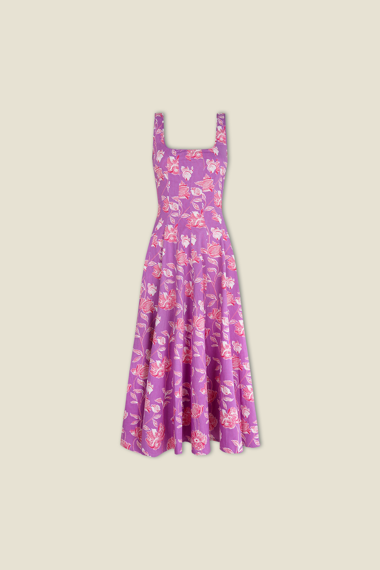 Lilac floral sleeveless dress with square neckline and gathered skirt