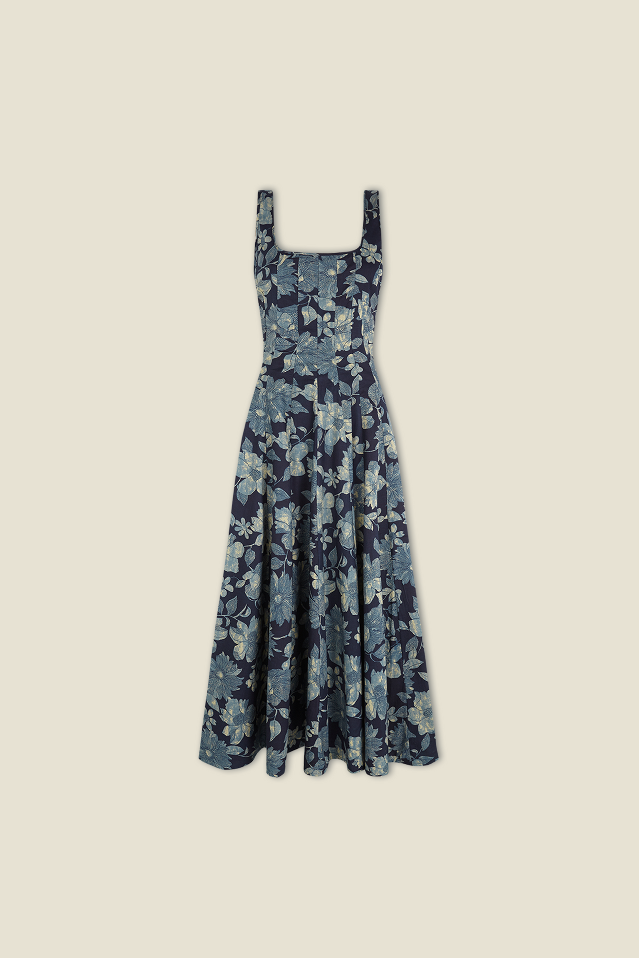 Blue floral sleeveless dress with square neckline and gathered midi skirt