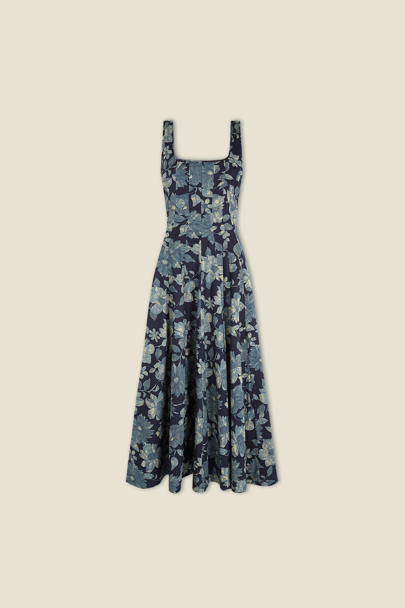Blue floral sleeveless dress with square neckline and gathered midi skirt