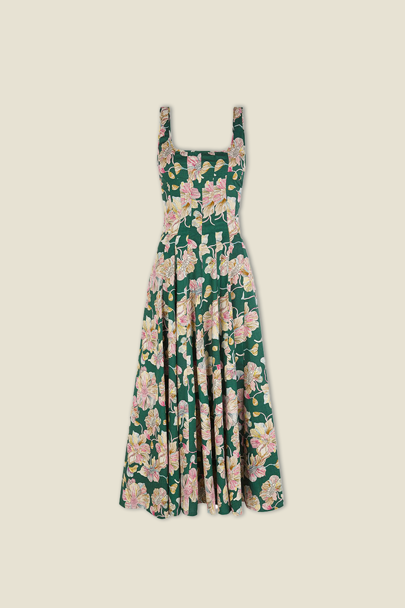 Audrey dress in dark green with pink floral print, square neckline, sleeveless