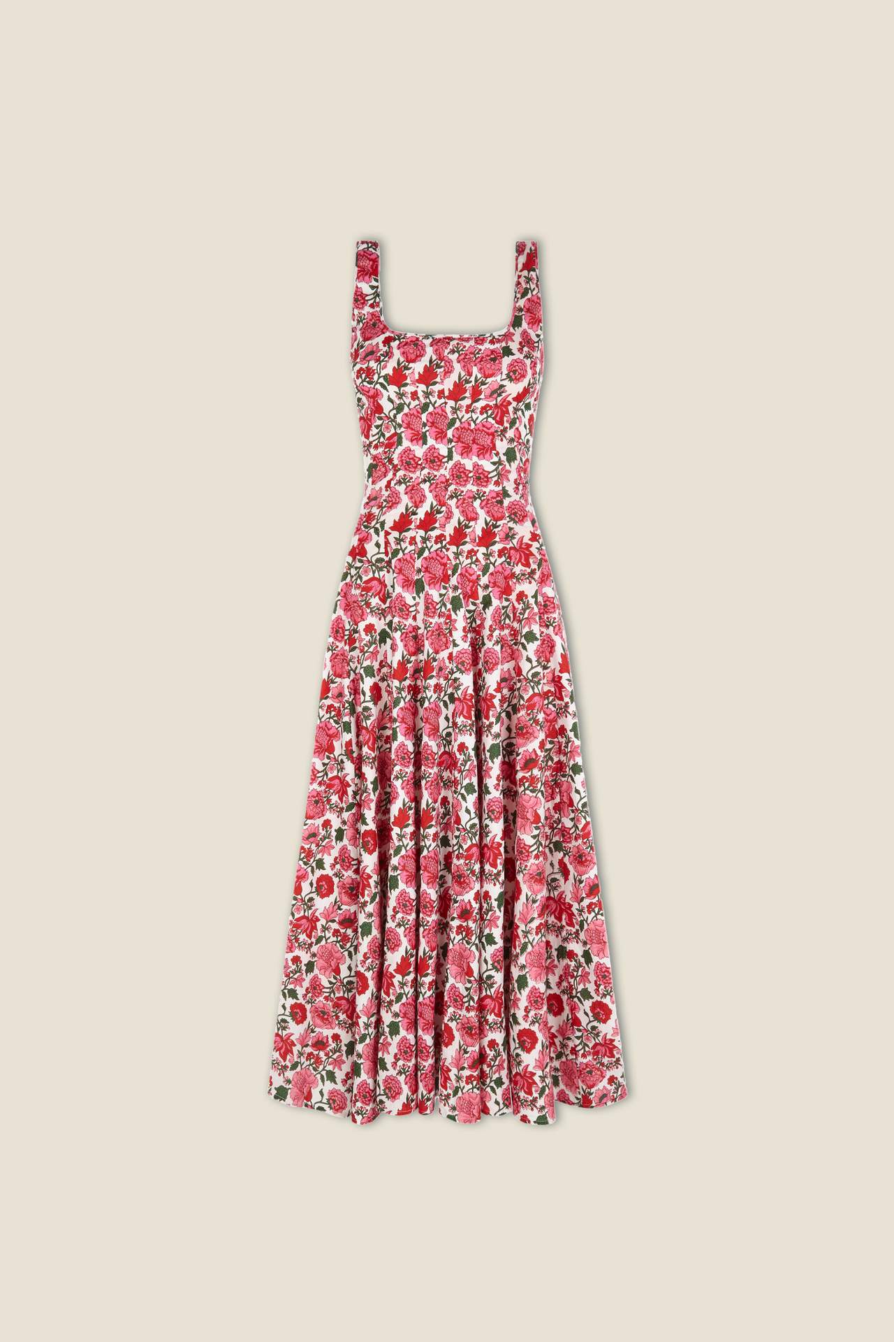 Roses print sleeveless midi dress, square neckline and gathered skirt, pink/red