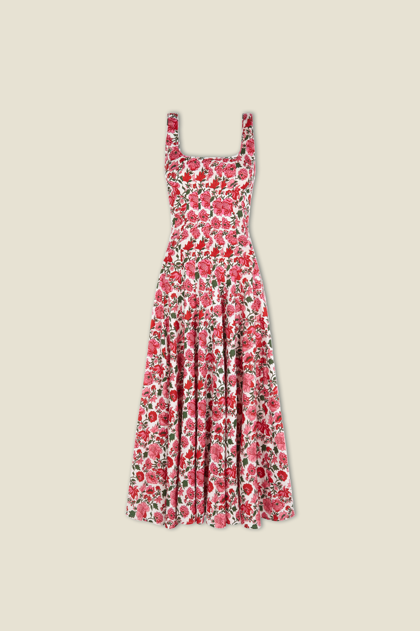 Roses print sleeveless midi dress, square neckline and gathered skirt, pink/red