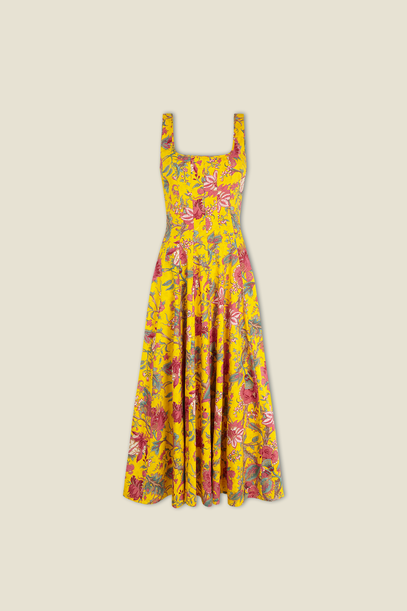 Yellow floral sleeveless dress with square neckline and fuchsia braided waist belt