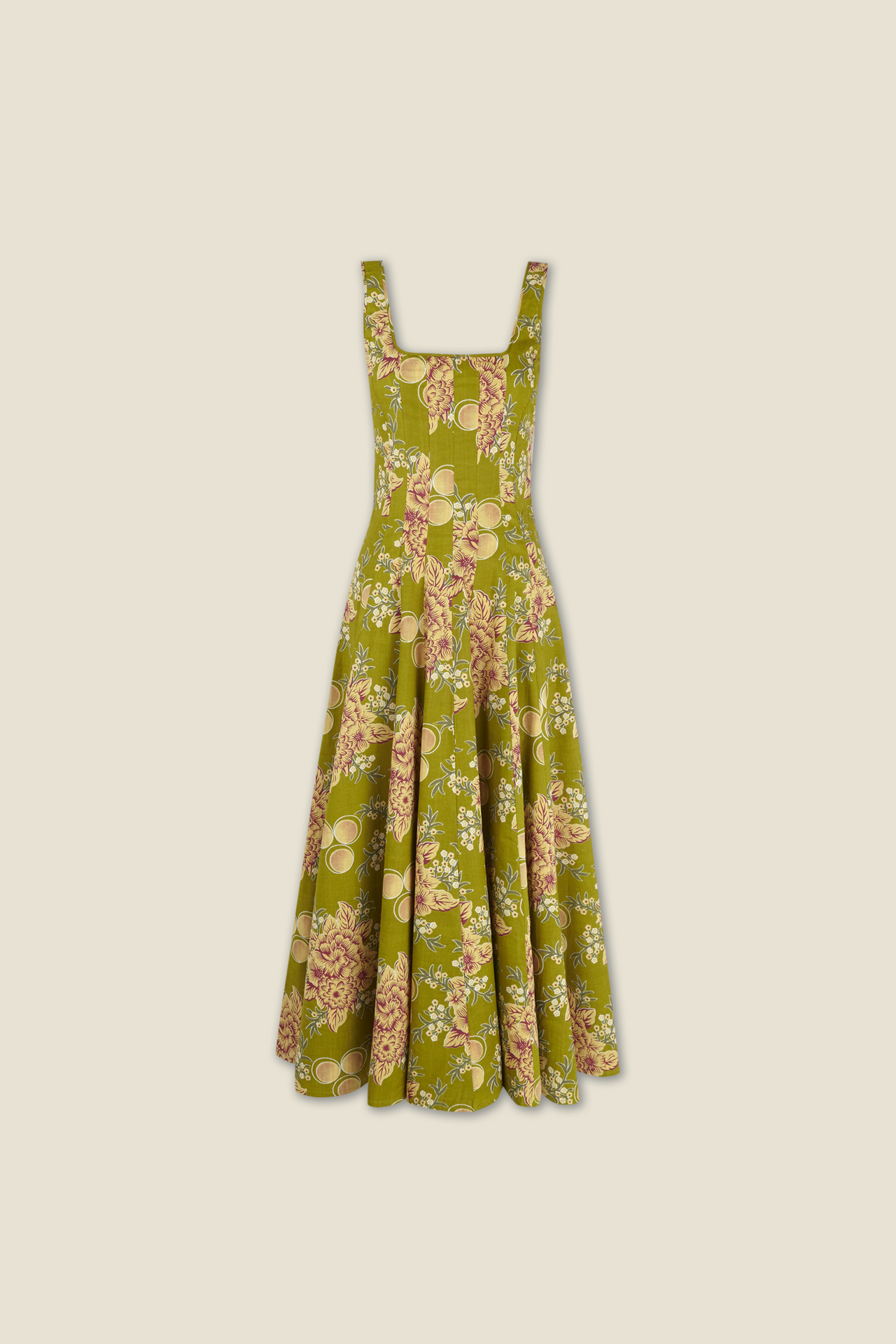 Lime green sleeveless dress with square neckline, floral and circle print, button front