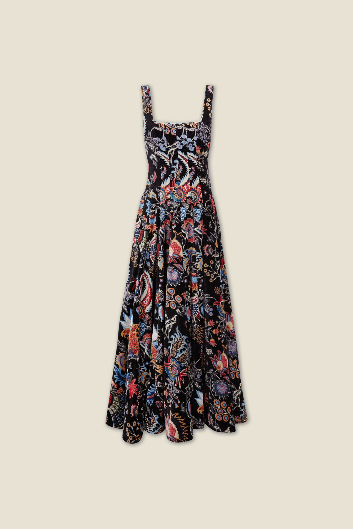 Black sleeveless dress with ornate multicolor print and fitted bodice
