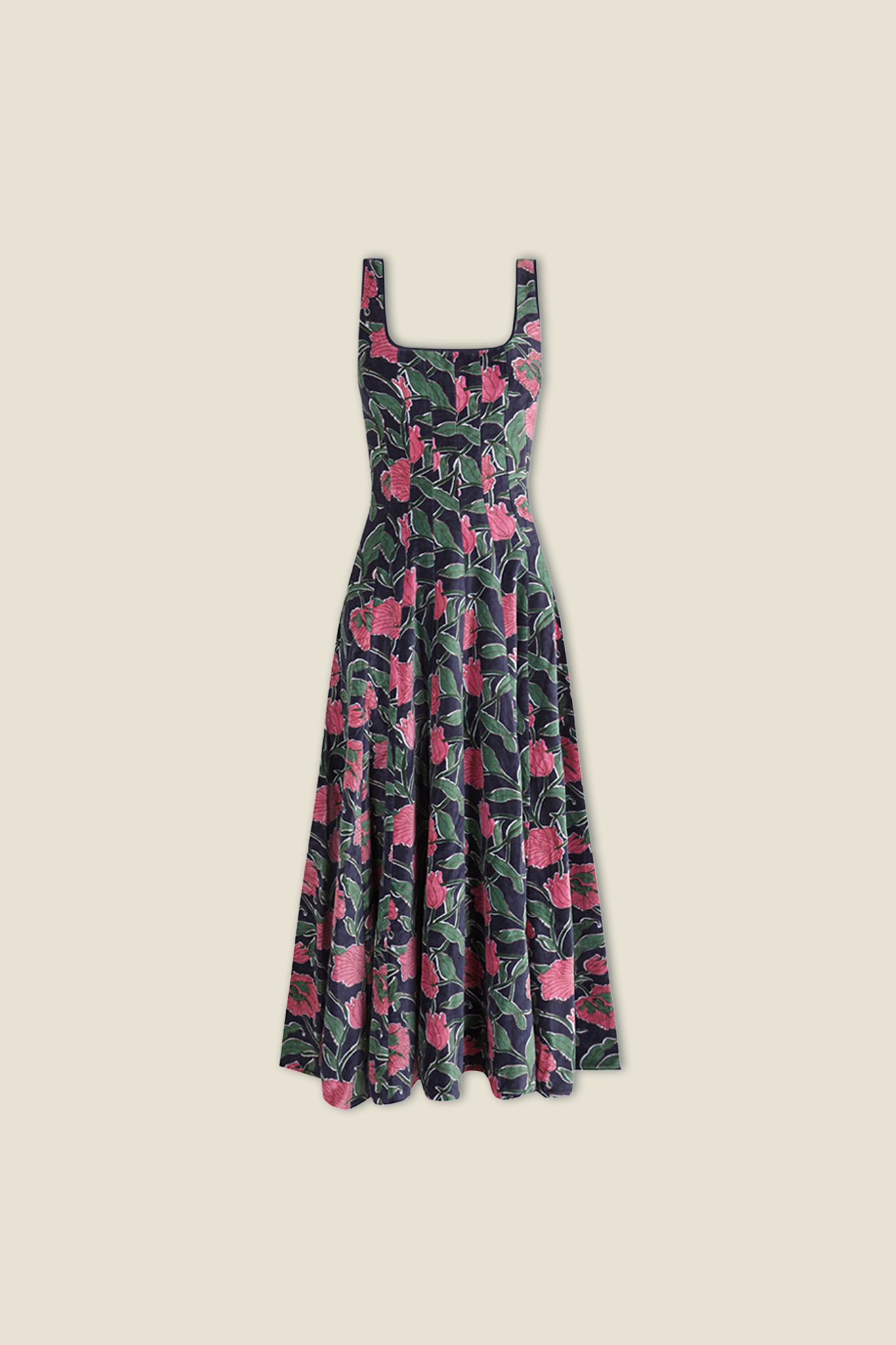 Sleeveless velvet midi dress with square neckline, dark blue floral print skirt