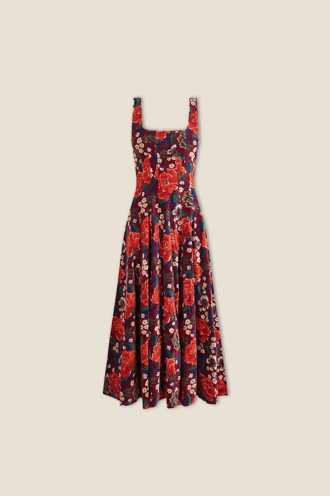 Red-and-navy floral sleeveless dress with square neckline, fitted bodice and tiered skirt.