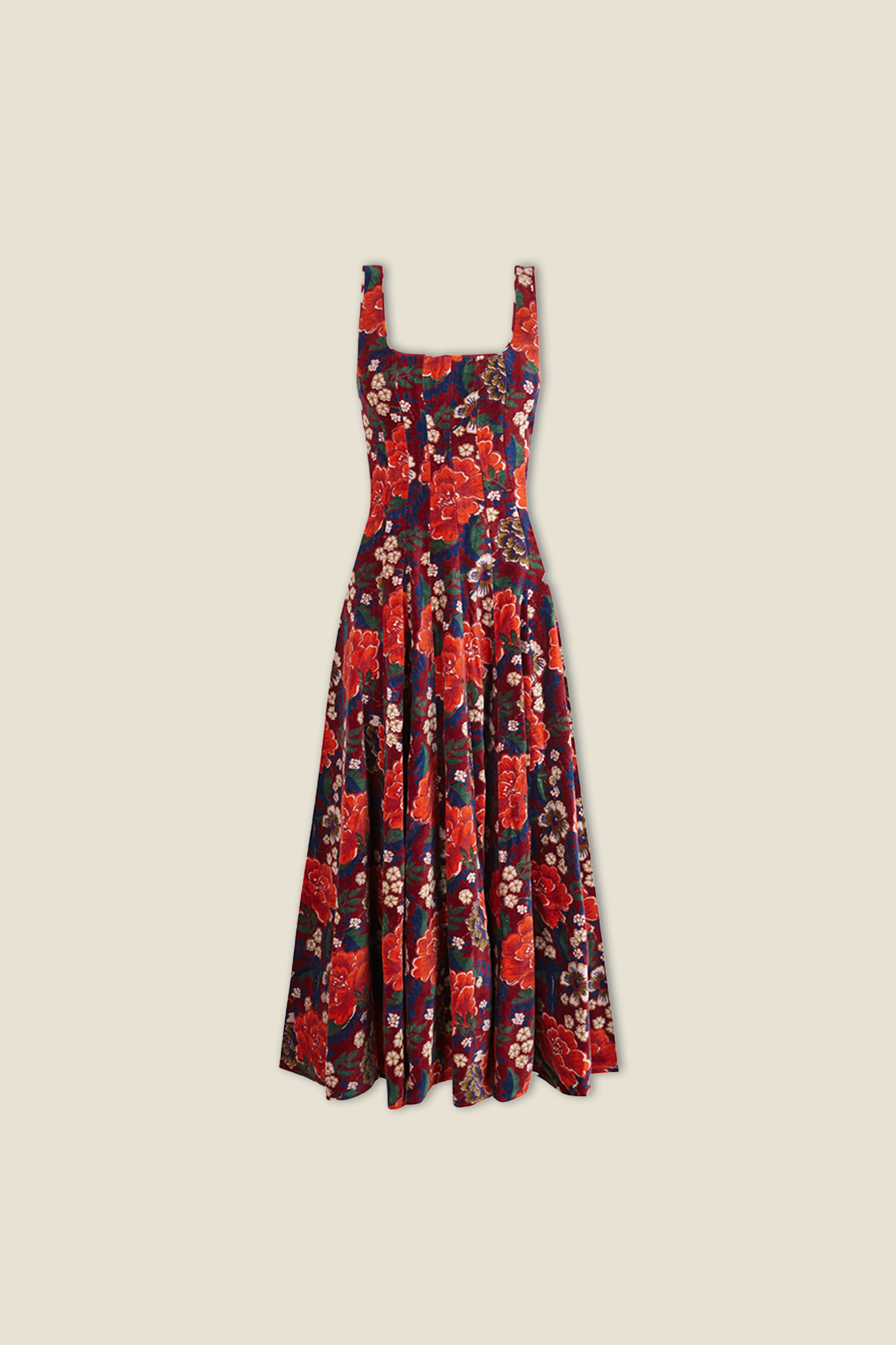 Red-and-navy floral sleeveless dress with square neckline, fitted bodice and tiered skirt.