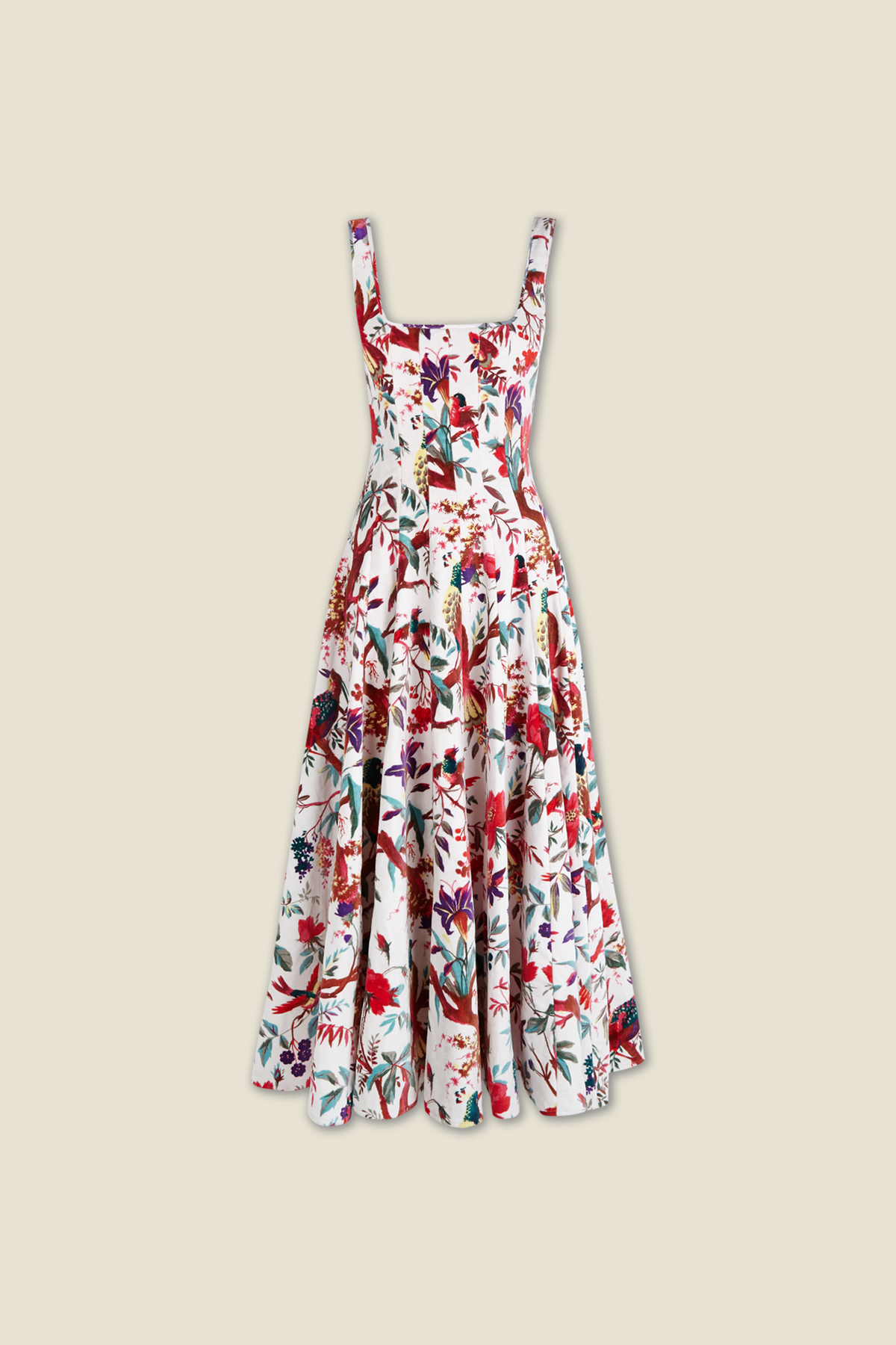 Velvet white floral sundress with spaghetti straps, square neckline, and tiered skirt