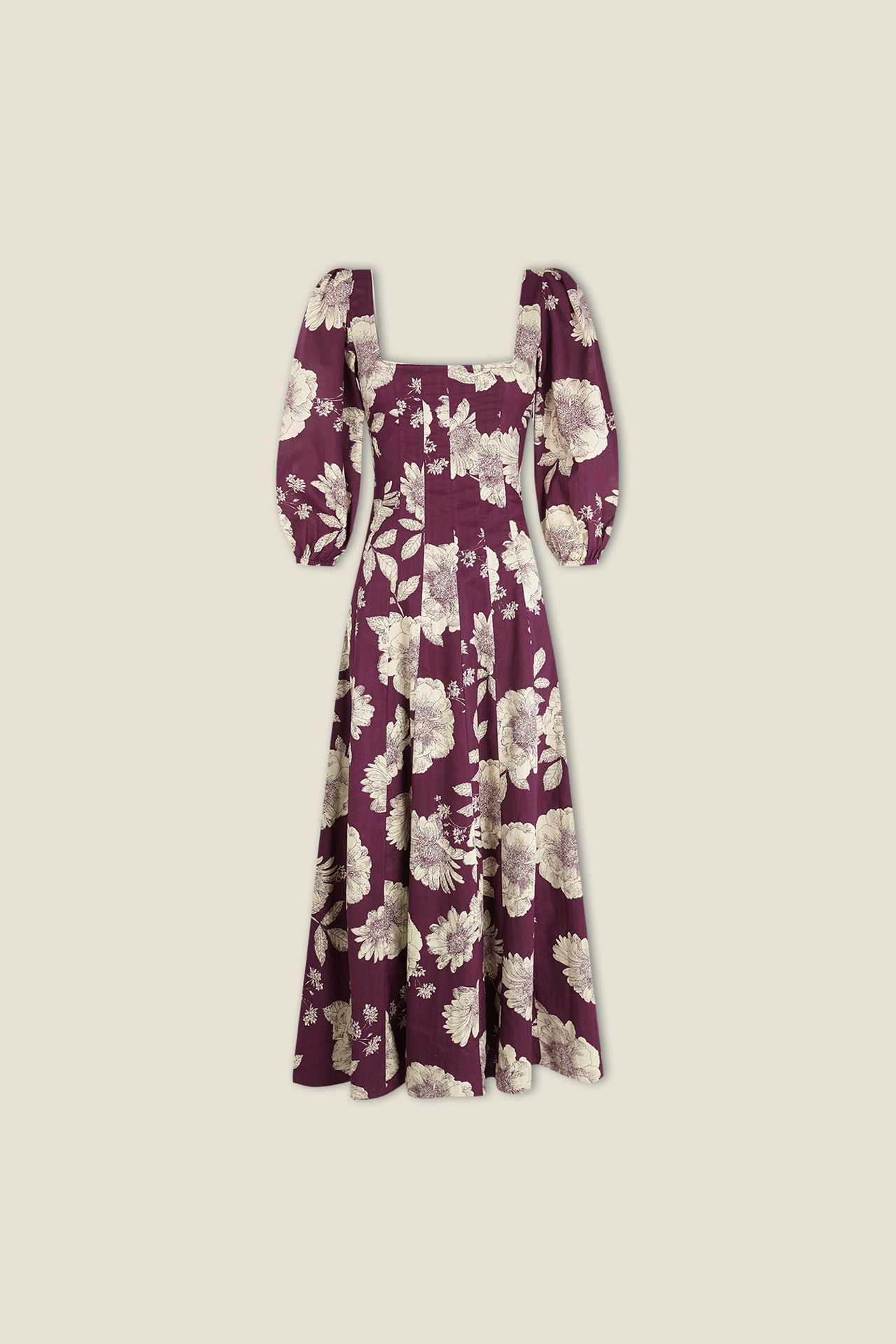 Aurelia dress in aubergine with cream floral print, square neckline, puff sleeves