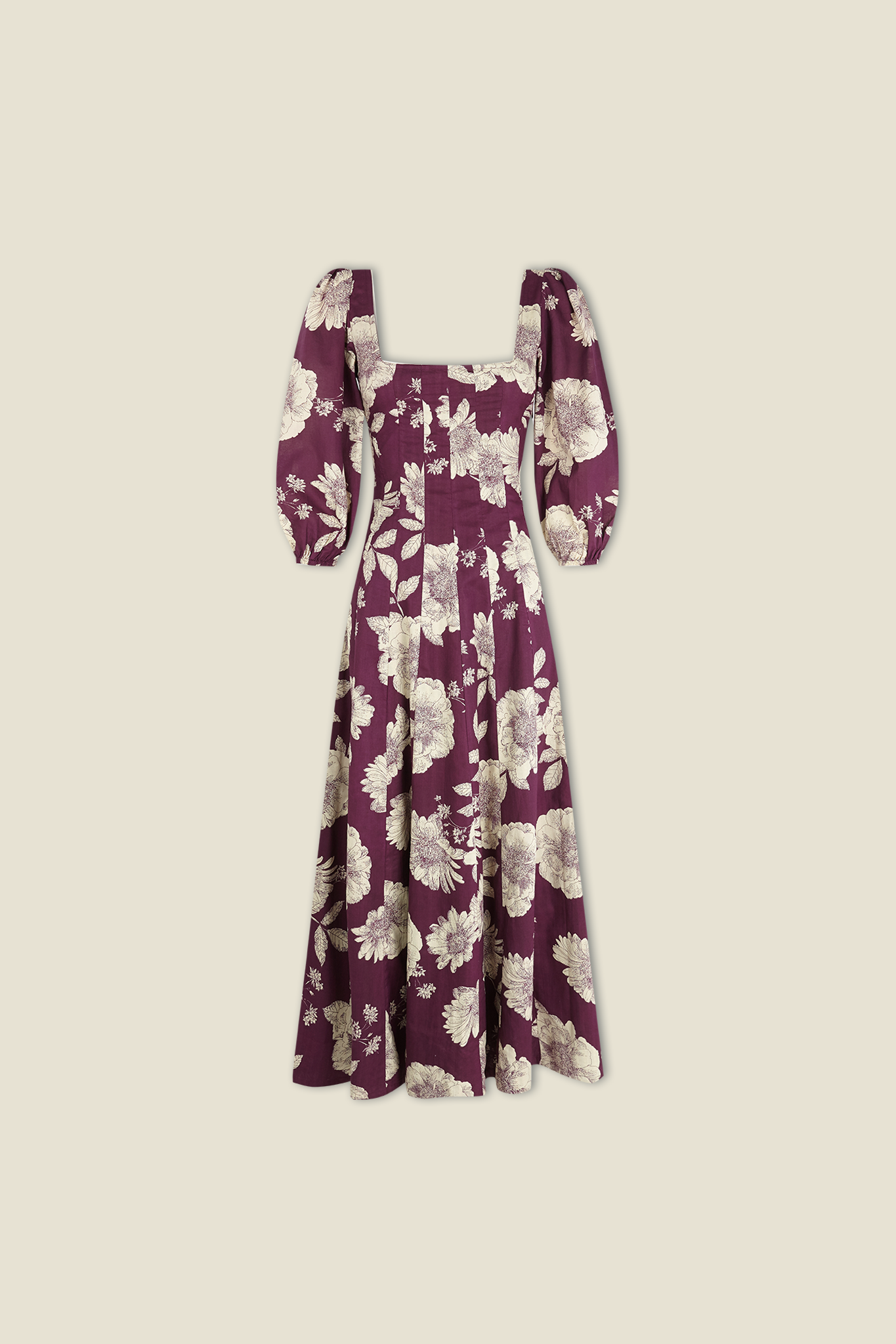 Aurelia dress in aubergine with cream floral print, square neckline, puff sleeves
