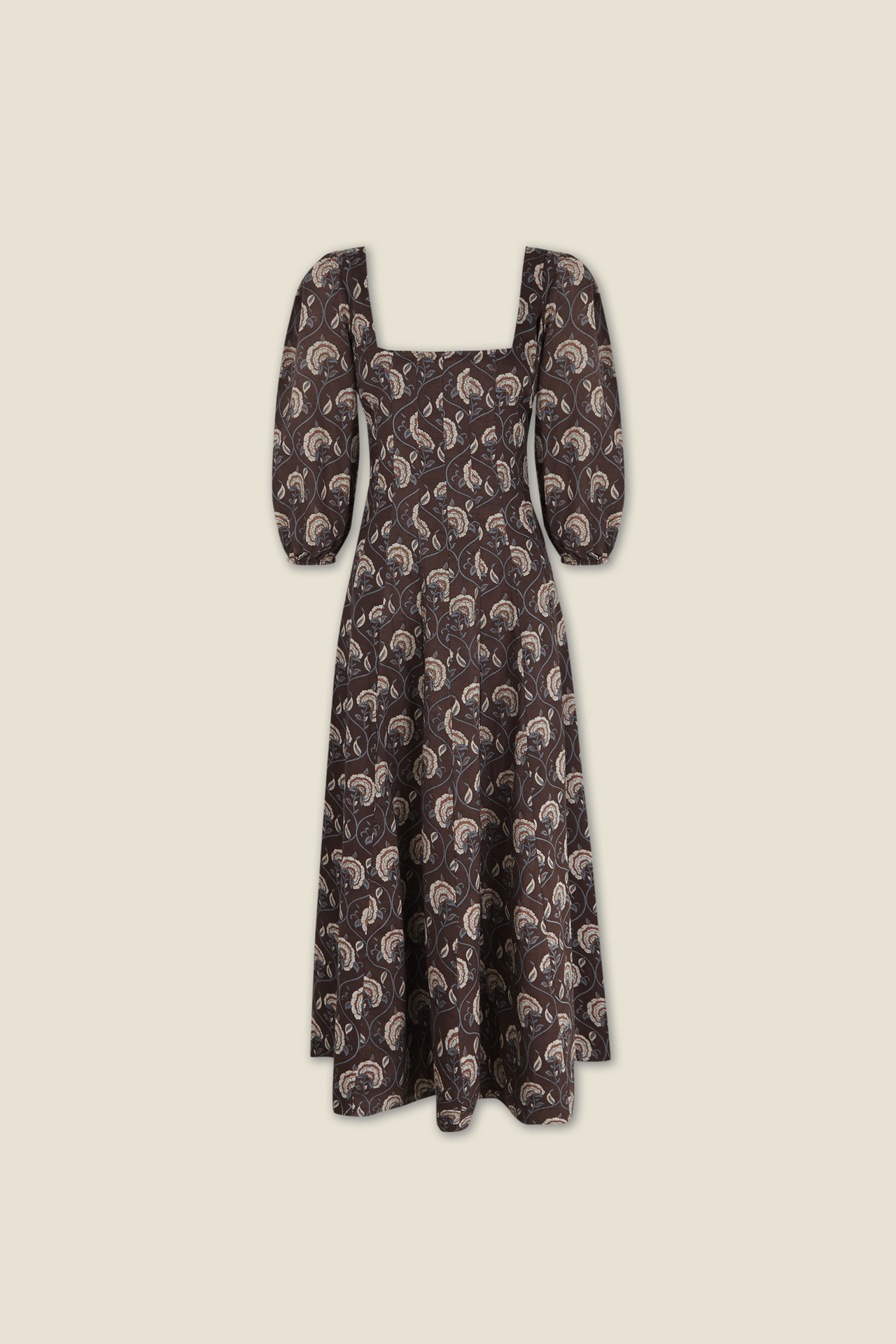 Midi square-neck dress in dark coffee with ornate paisley print and puff sleeves