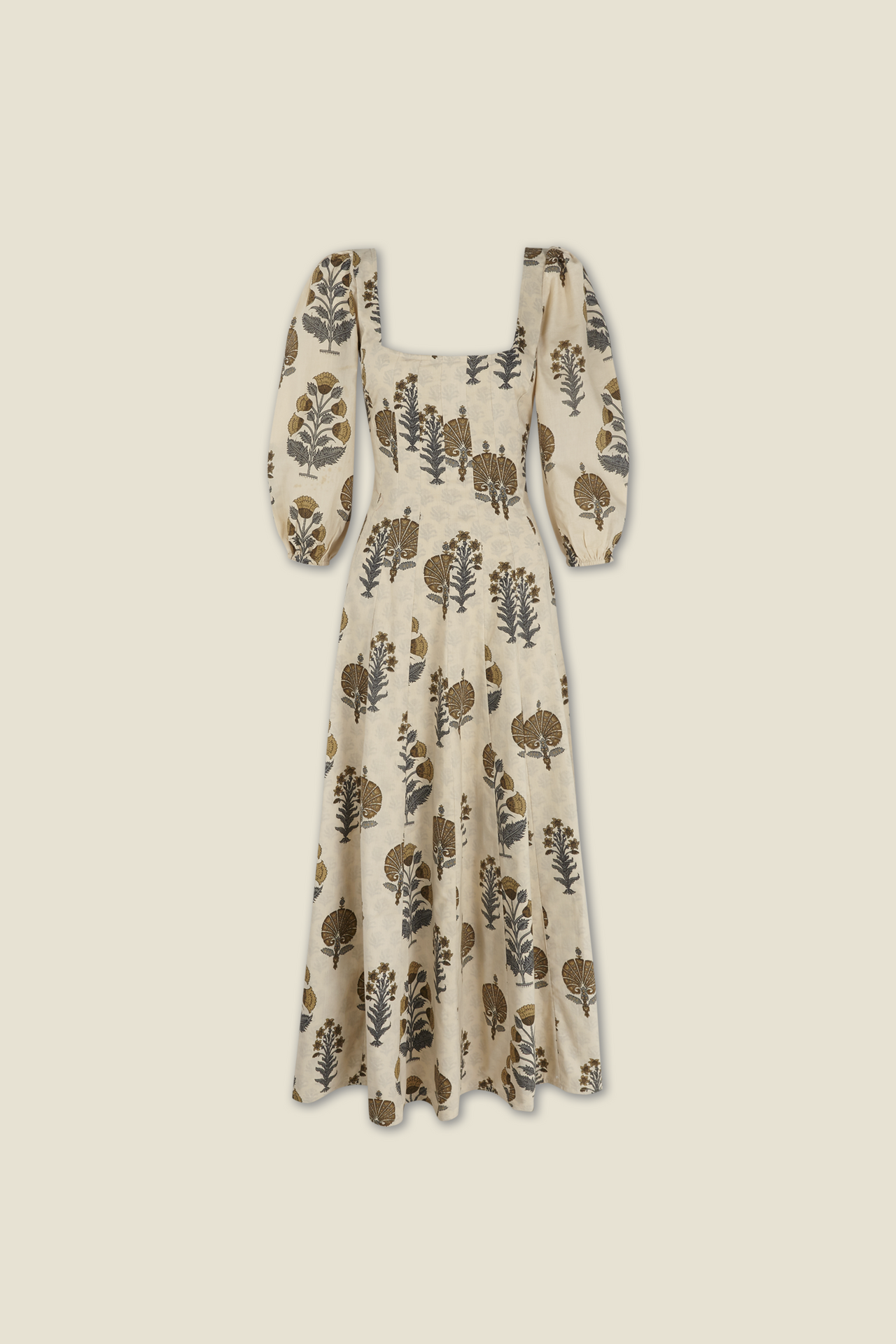 Cream dress with square neckline, puff sleeves, and botanical print