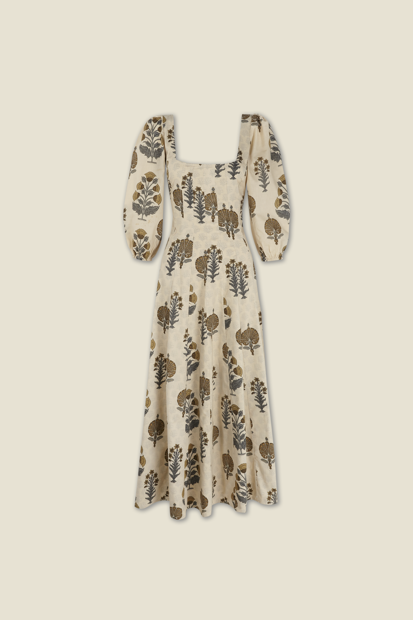 Cream dress with square neckline, puff sleeves, and botanical print