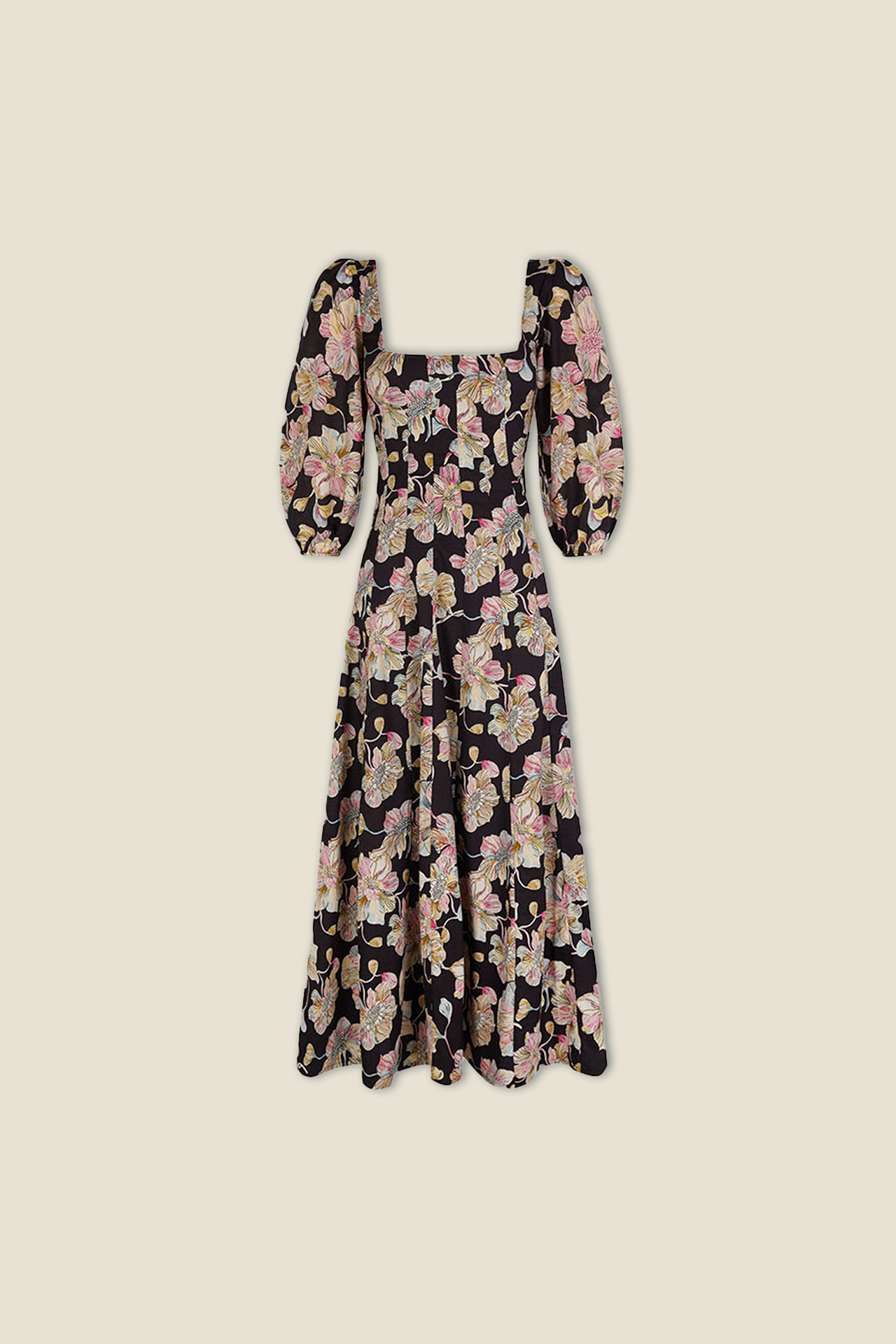 Aurelia dress in black with pink floral print, square neckline and puff sleeves