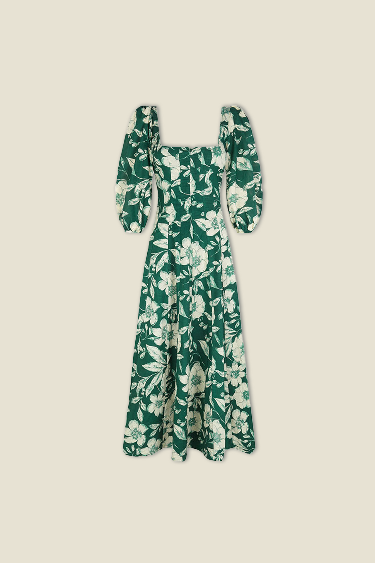 Aurelia dress, green with white floral print and square neckline, puff sleeves