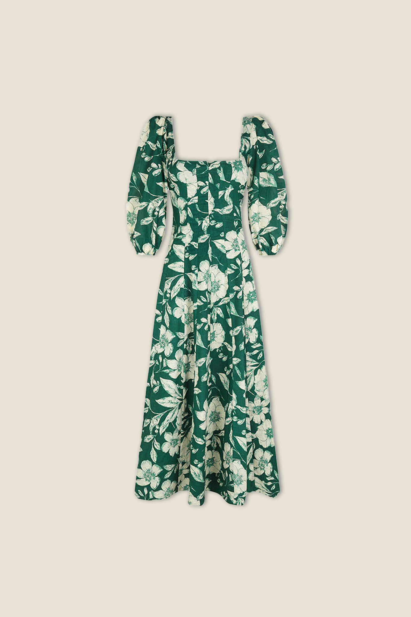 Aurelia dress, green with white floral print and square neckline, puff sleeves