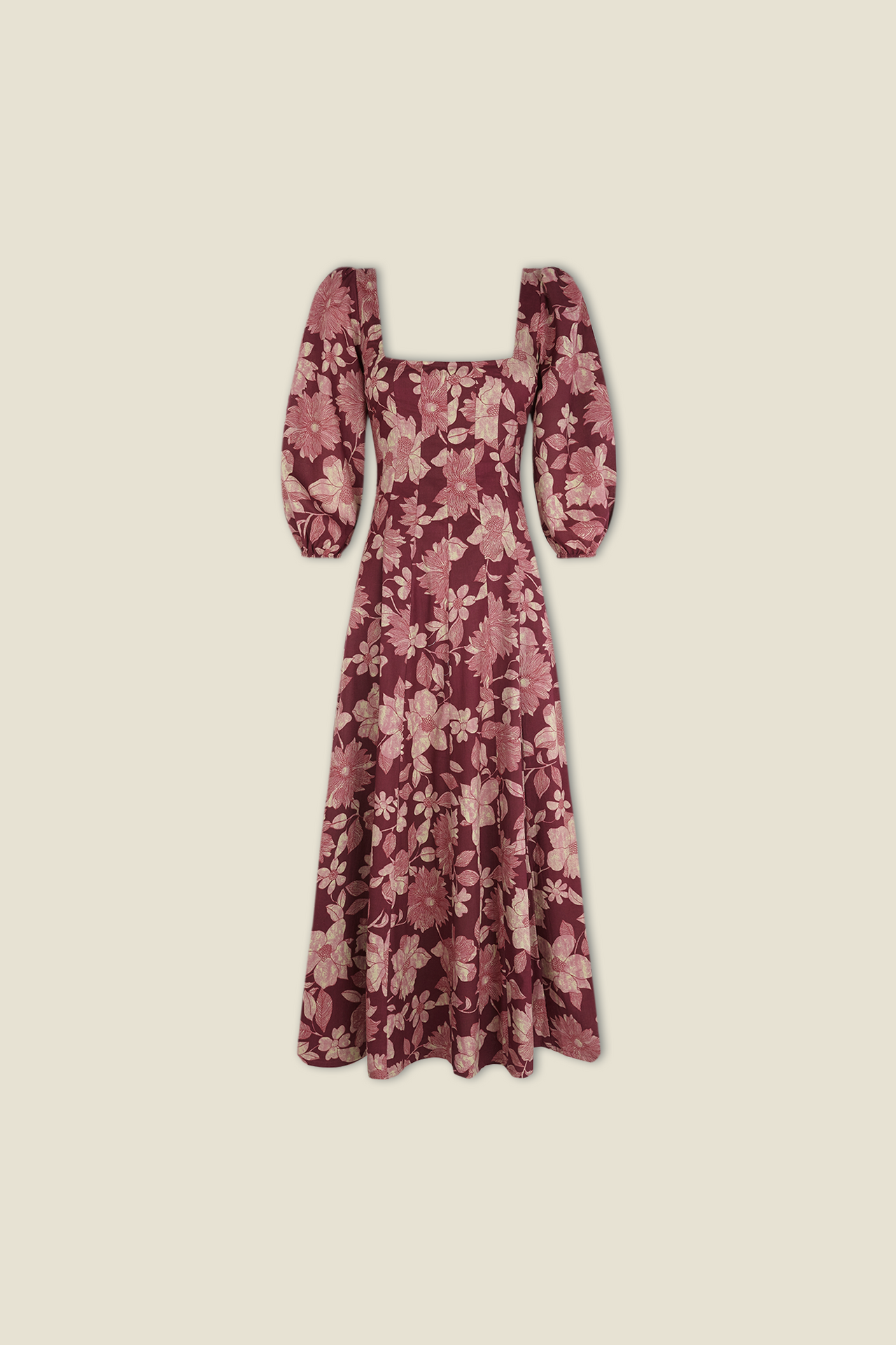 Aurelia plum floral midi dress with square neckline and gathered skirt