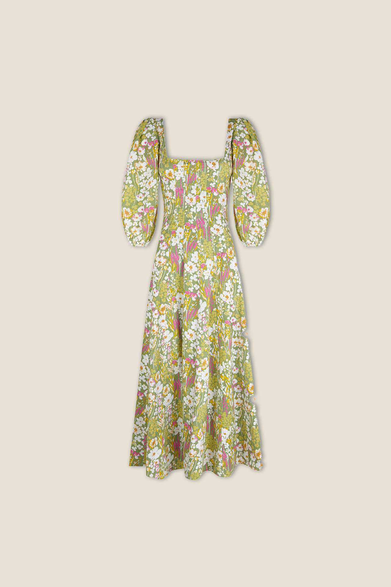 Sage green floral midi dress with square neckline, puff sleeves, and gathered waist