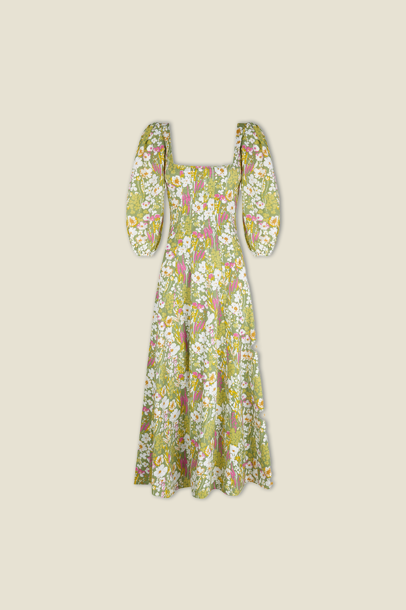 Sage green floral midi dress with square neckline, puff sleeves, and gathered waist