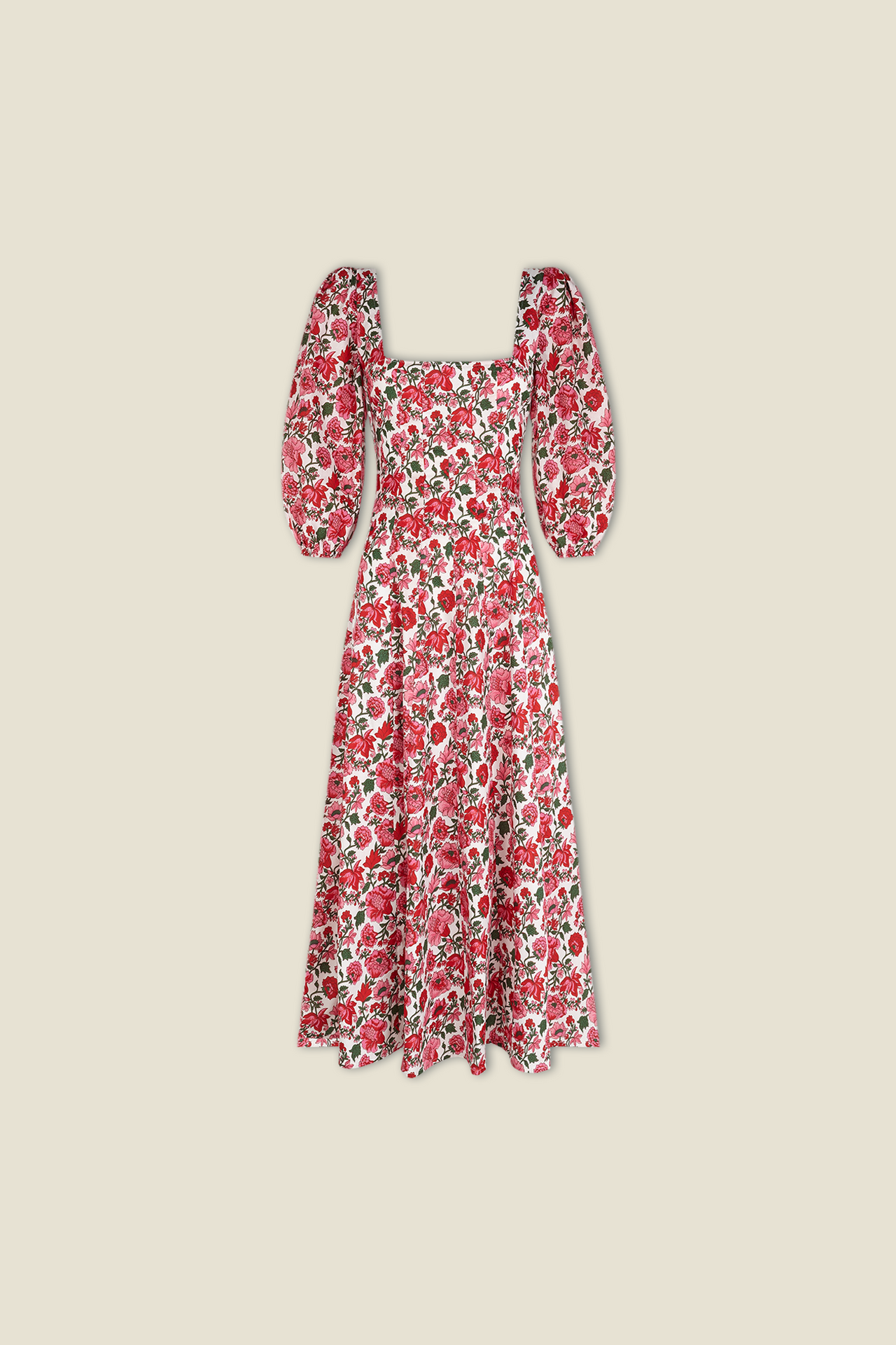 Pink rose print midi dress with square neckline and puff sleeves