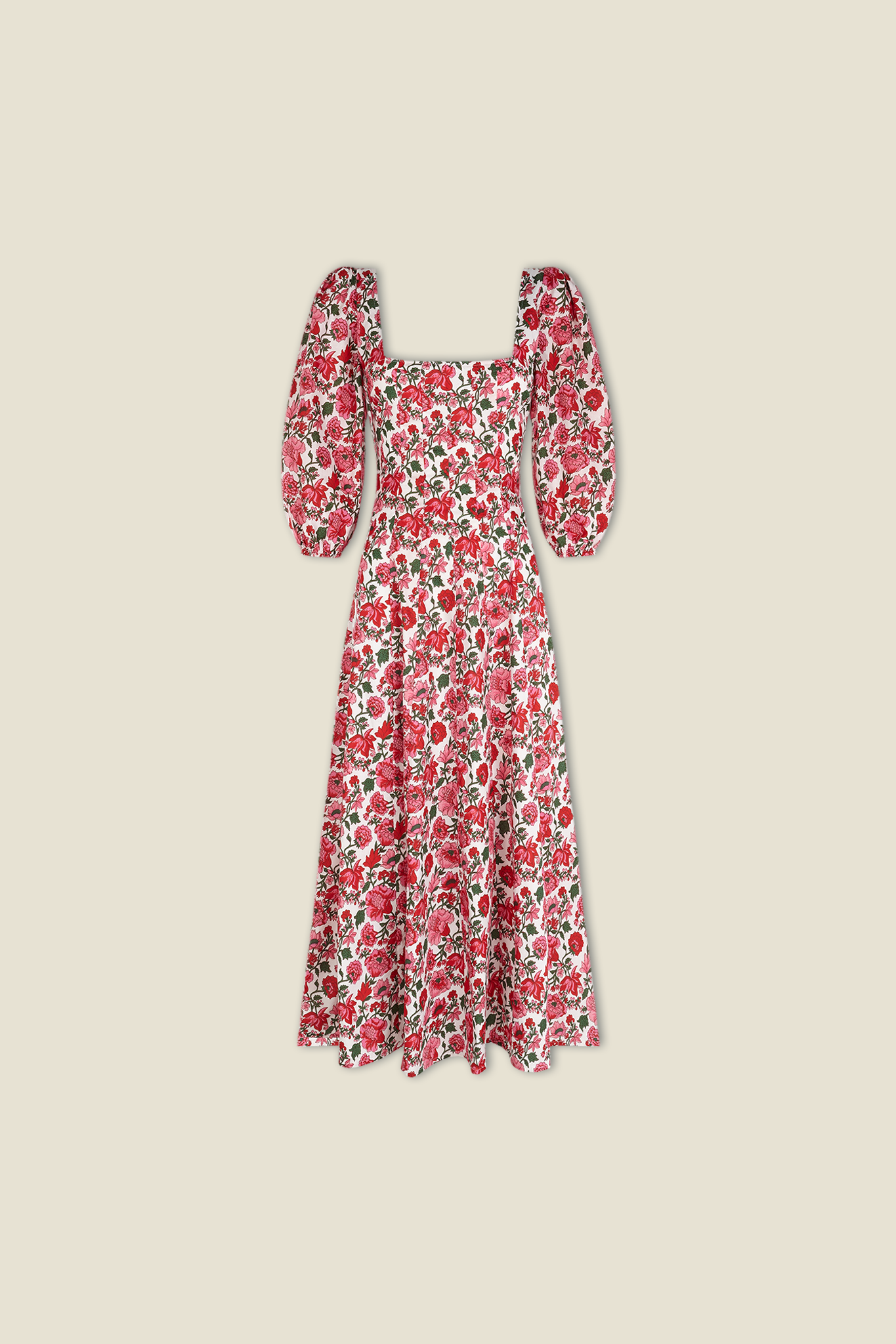 Pink rose print midi dress with square neckline and puff sleeves