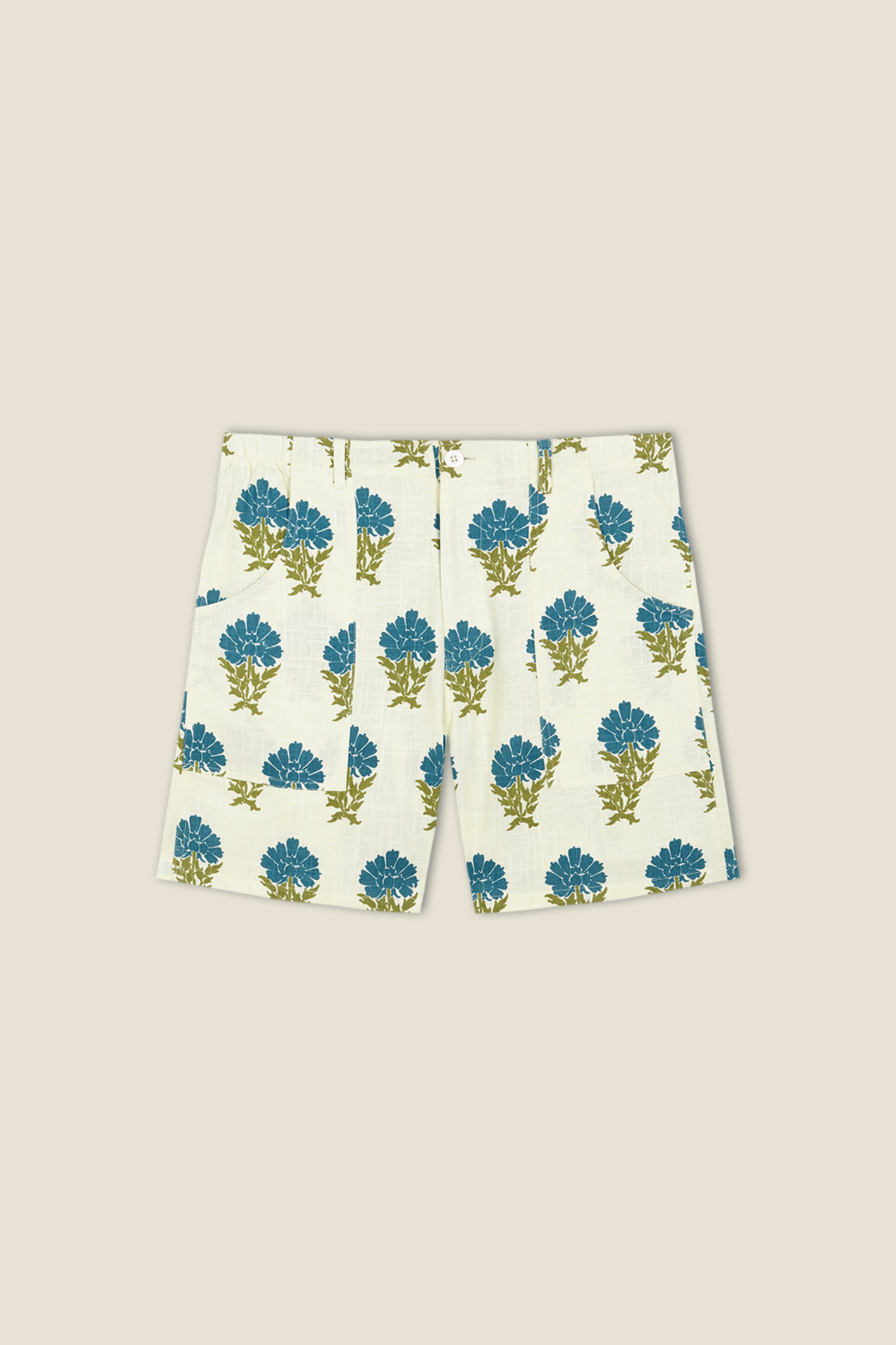 Cream printed bermuda shorts with blue and green floral motif, straight hem