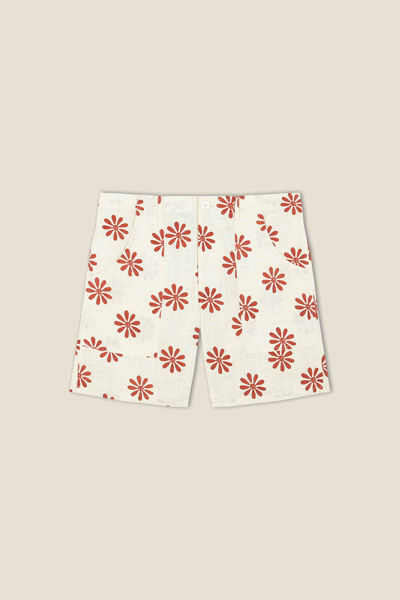 Floral bermuda shorts, white with red flower print, front button placket