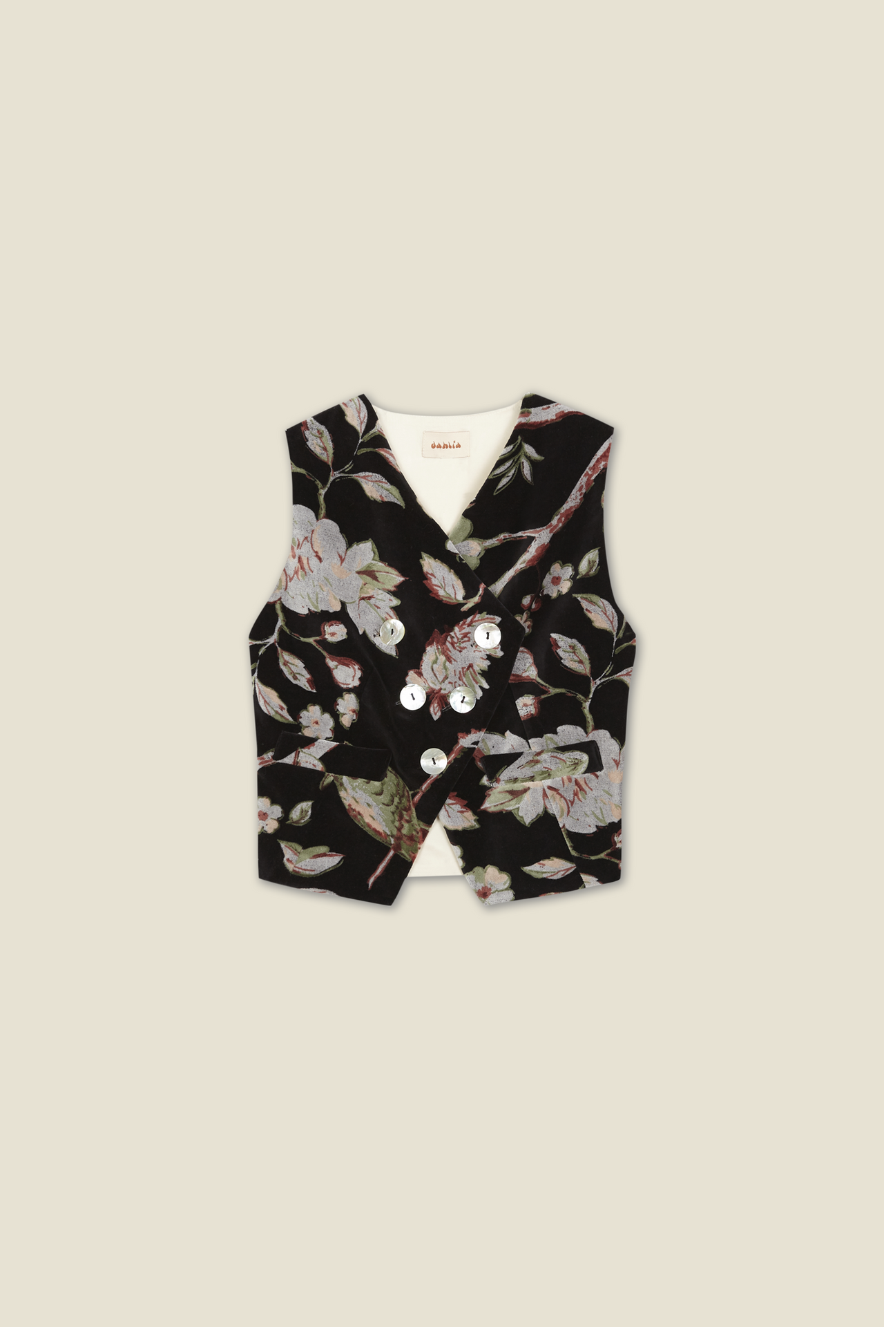 Black floral sleeveless vest with V-neck and buttoned crossed front