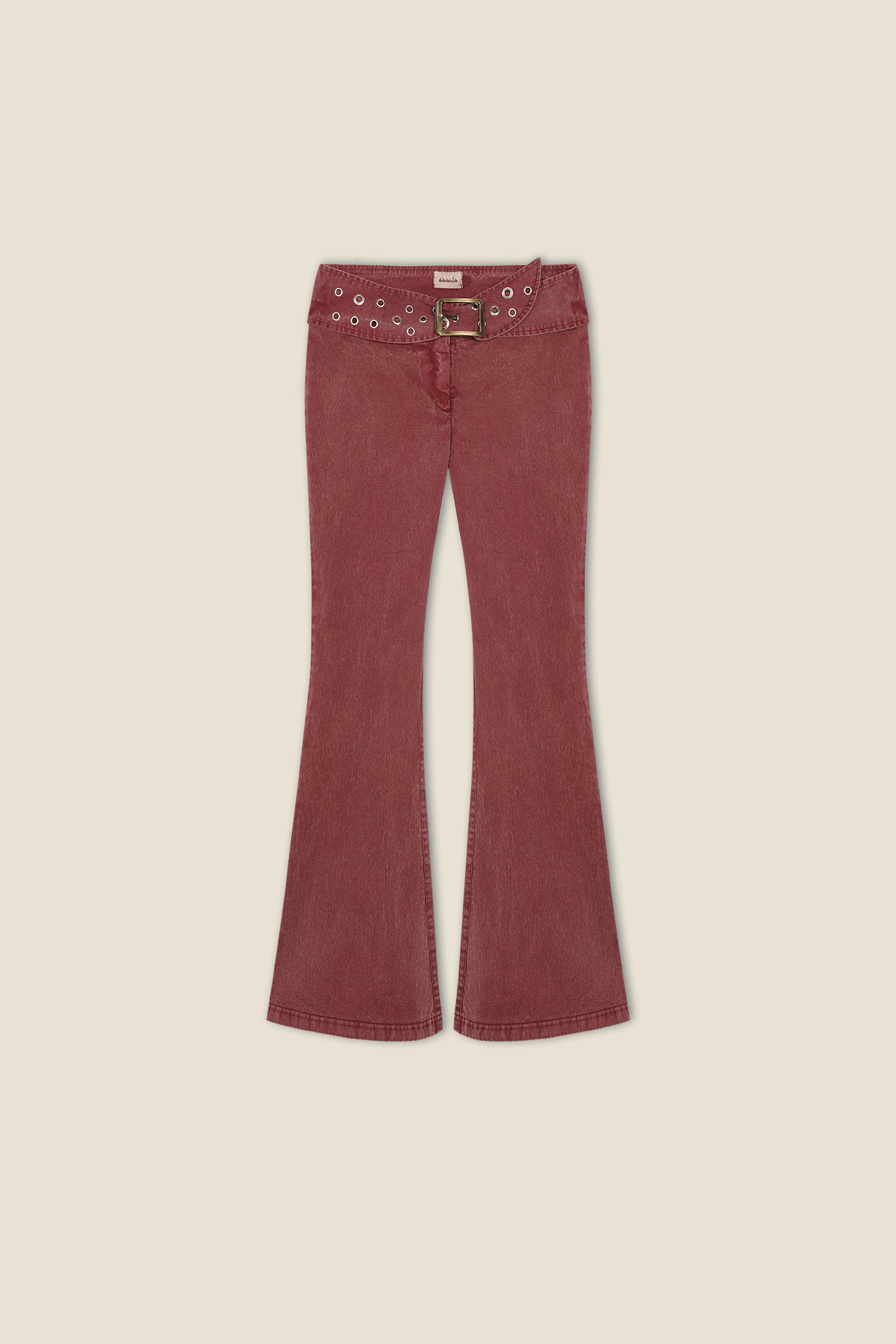 Burgundy flared trousers with studded wide belt and square metal buckle