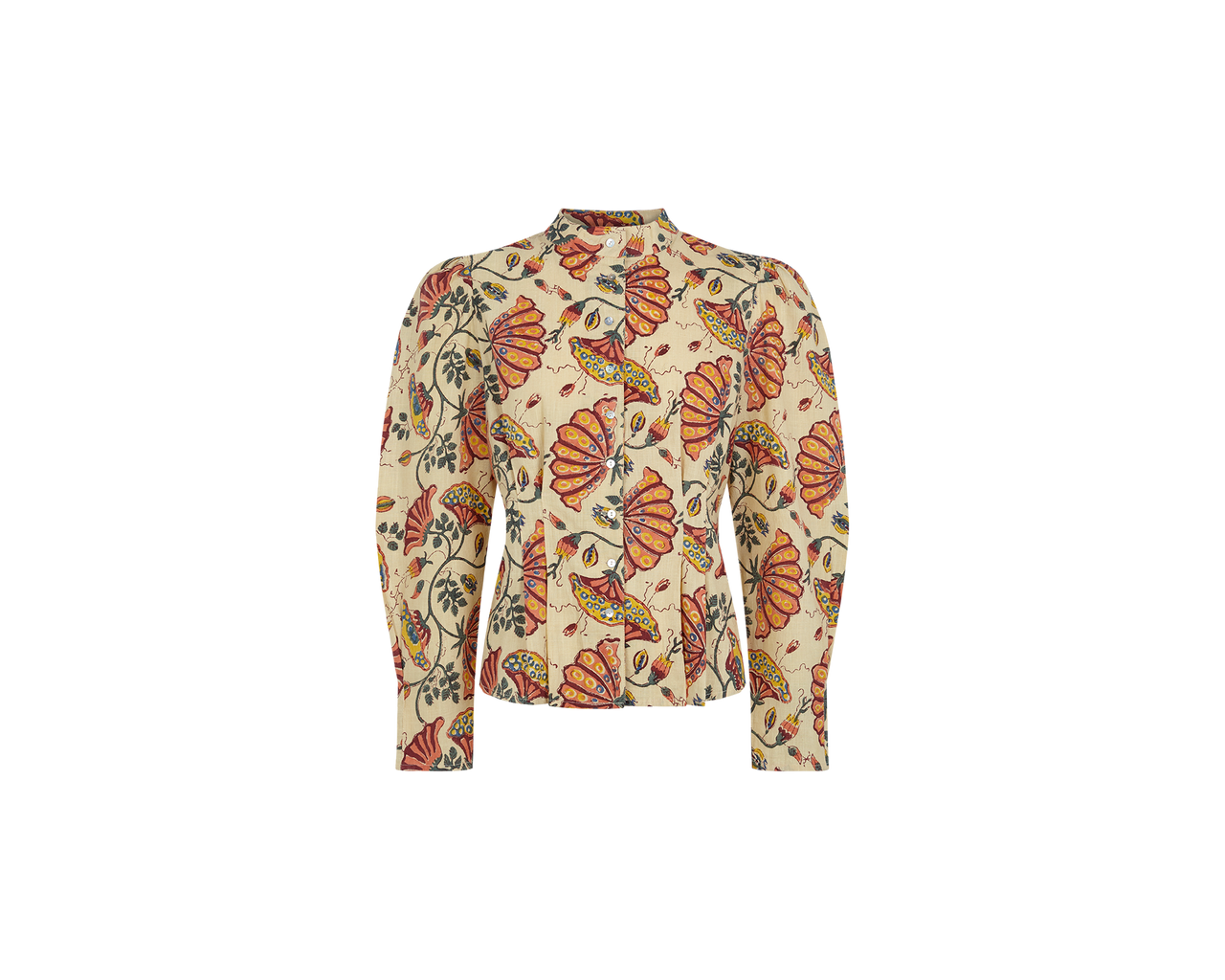 Beige patterned long-sleeve button-up shirt with high neck and gathered cuffs