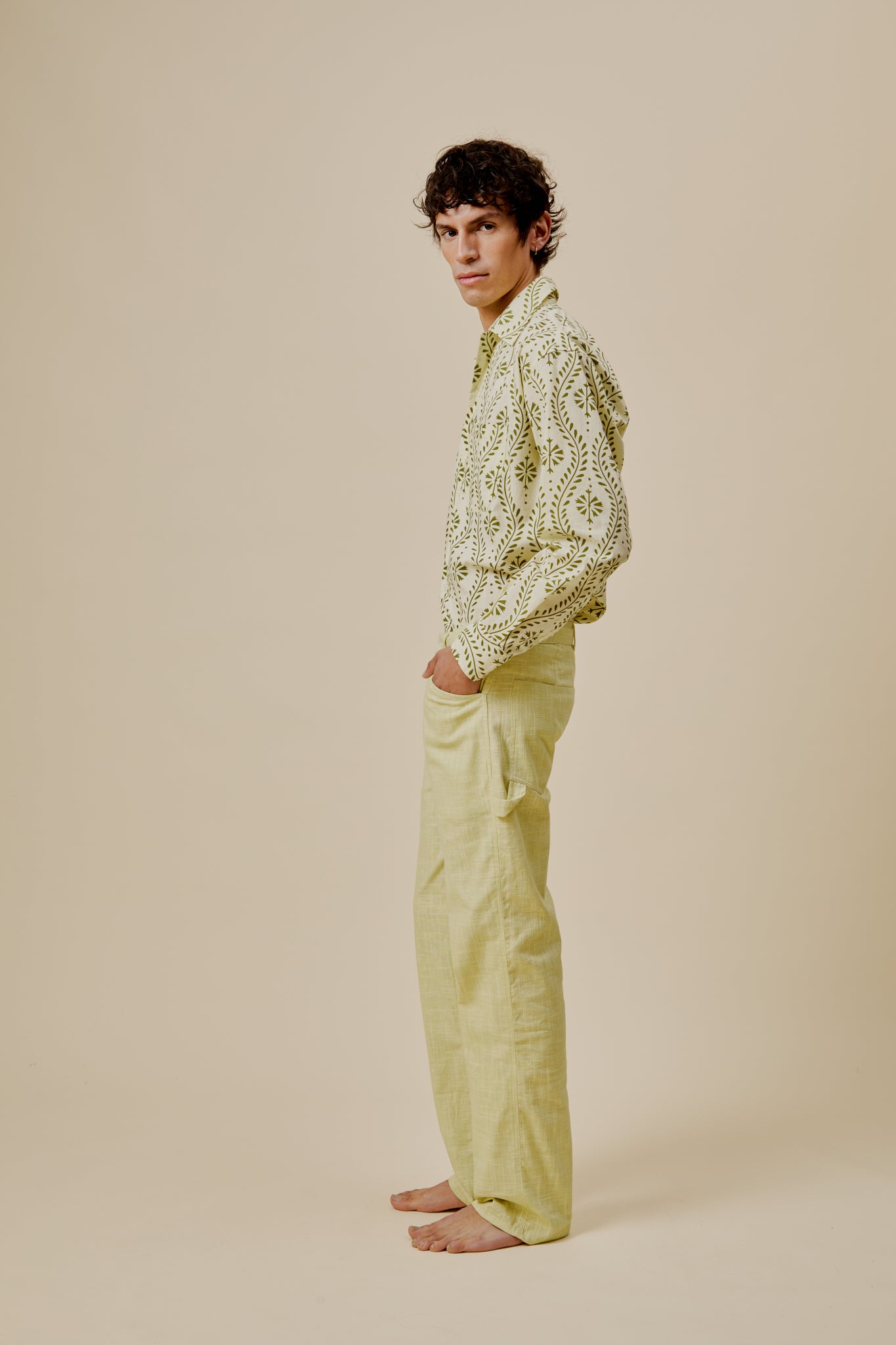 Cecil trousers, light yellow with straight leg and side seam detail, worn front
