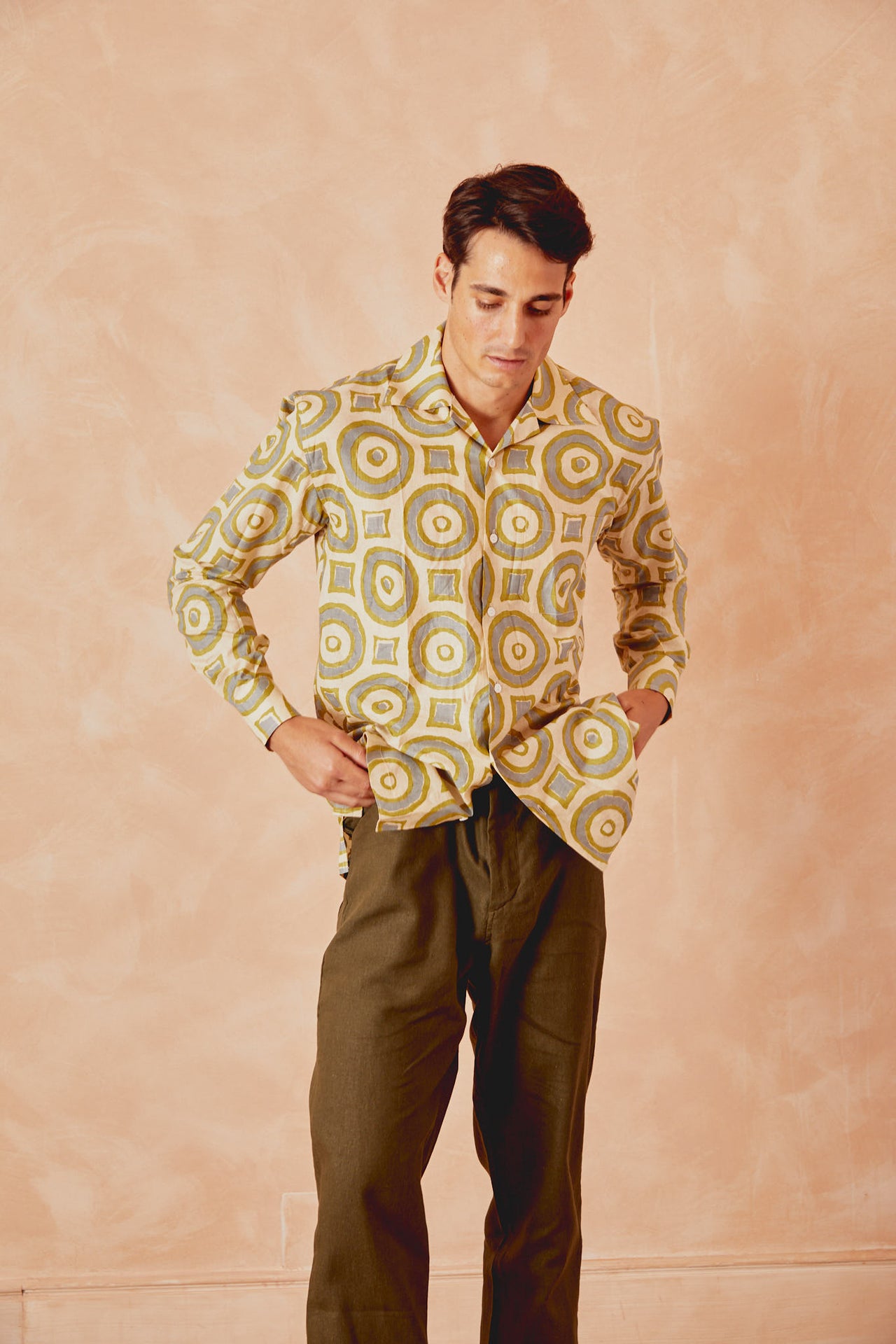 Men's button-up shirt with circle print, cream with green and blue rings, long sleeves