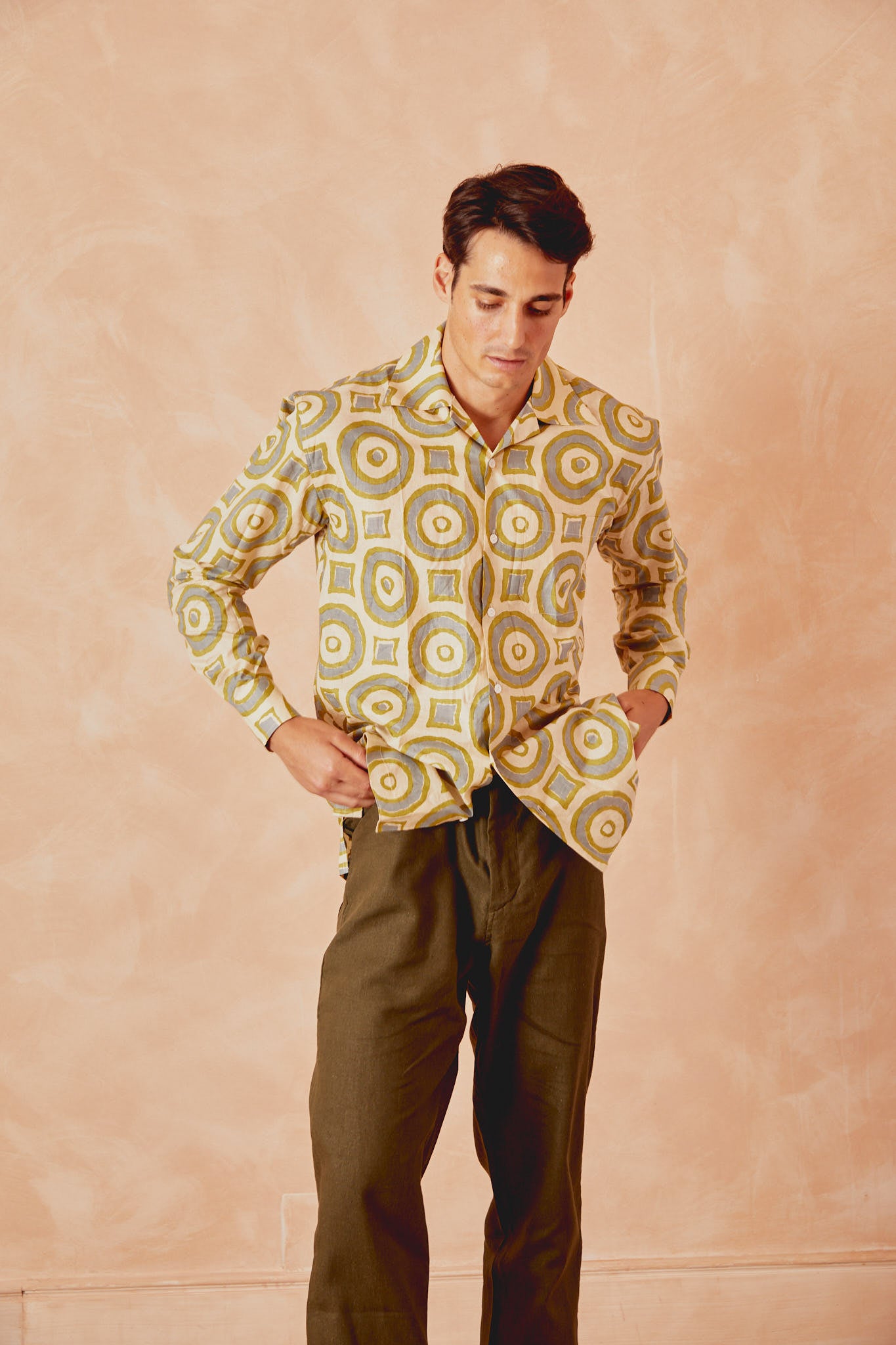 Men's button-up shirt with circle print, cream with green and blue rings, long sleeves
