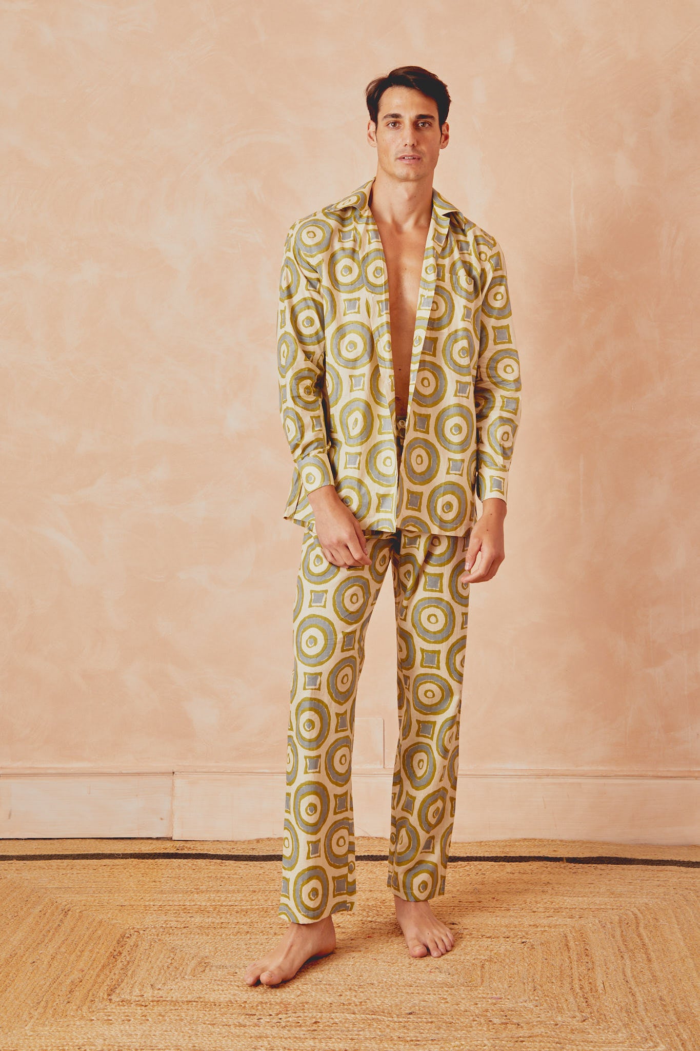 Men's circle-print button-up shirt, cream with green and blue rings, long sleeves