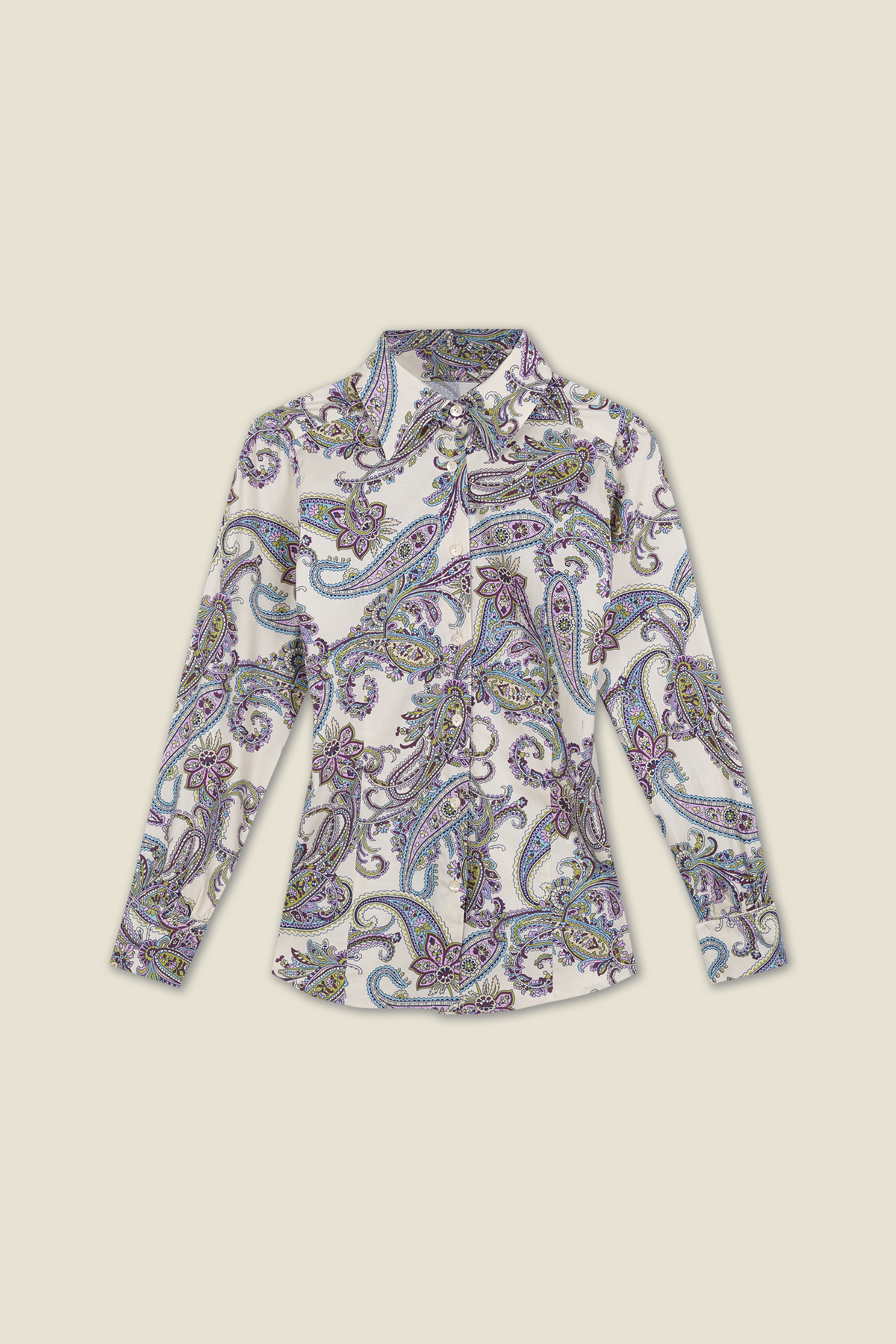 Paisley long-sleeve button-up shirt with white base and teal and purple motifs