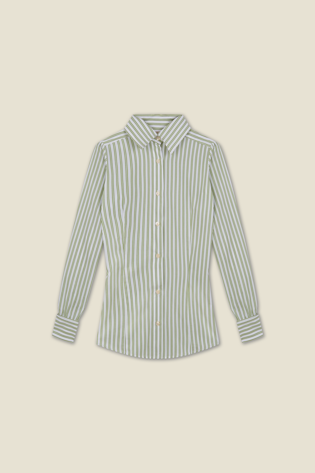 Men's button-up shirt with vertical light blue and white stripes, long sleeves, pointed collar