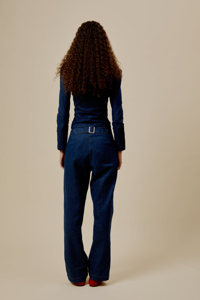 Ralph denim trousers in dark blue, back view with belt loops and straight leg