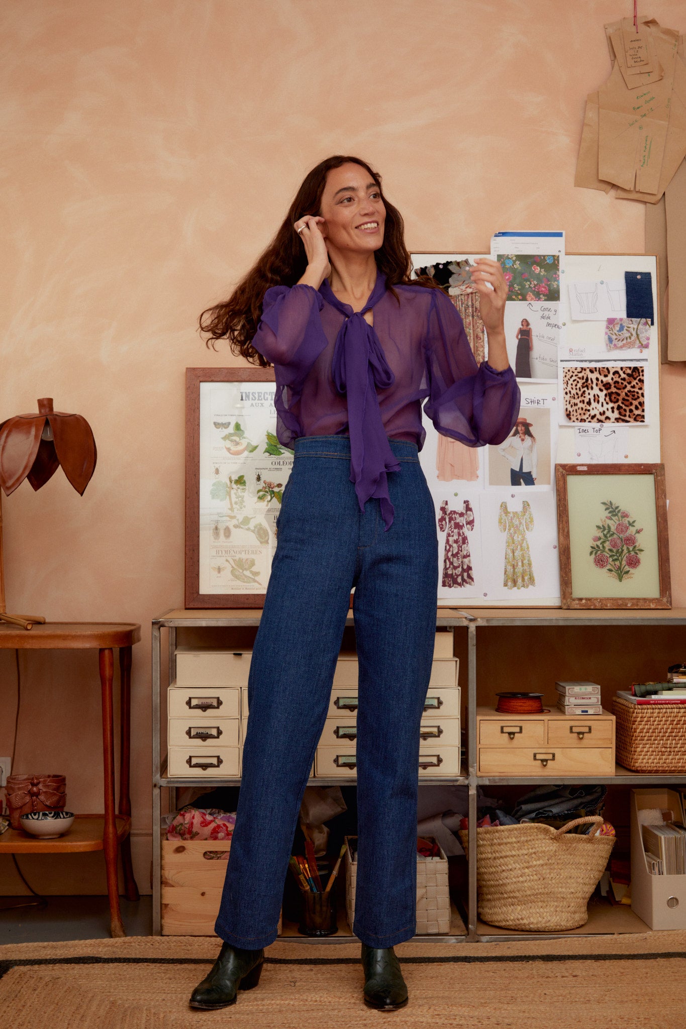 Purple sheer tie-neck blouse with flowing bow and puff sleeves