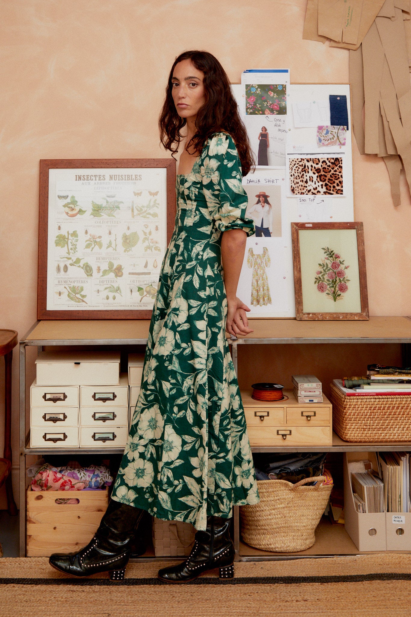 Aurelia dress, green floral print with square neckline and gathered waist, puff sleeves
