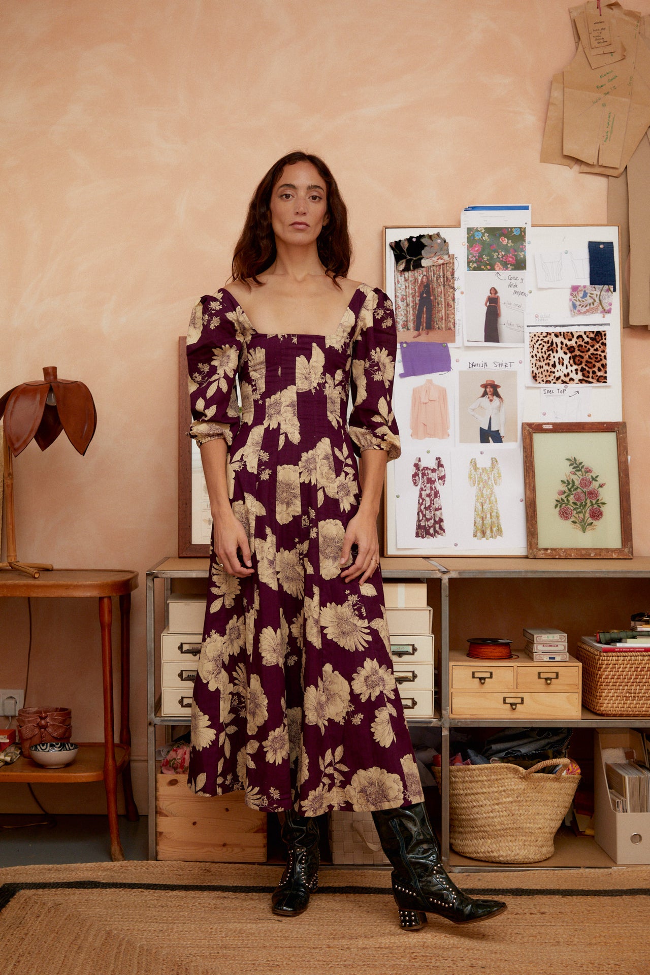 Aurelia dress in aubergine floral print, puff sleeves and square neckline, midi length