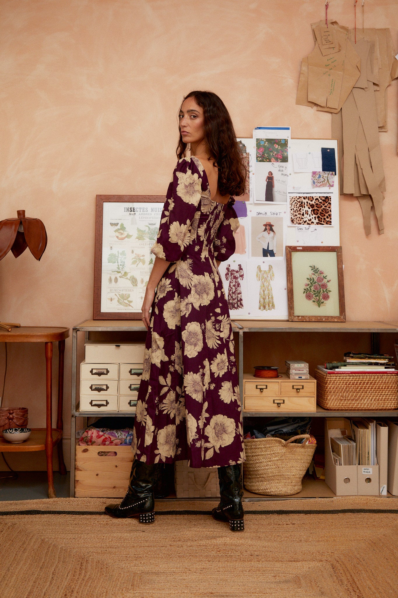 Aurelia dress in aubergine with cream floral print, puff sleeves, gathered waist