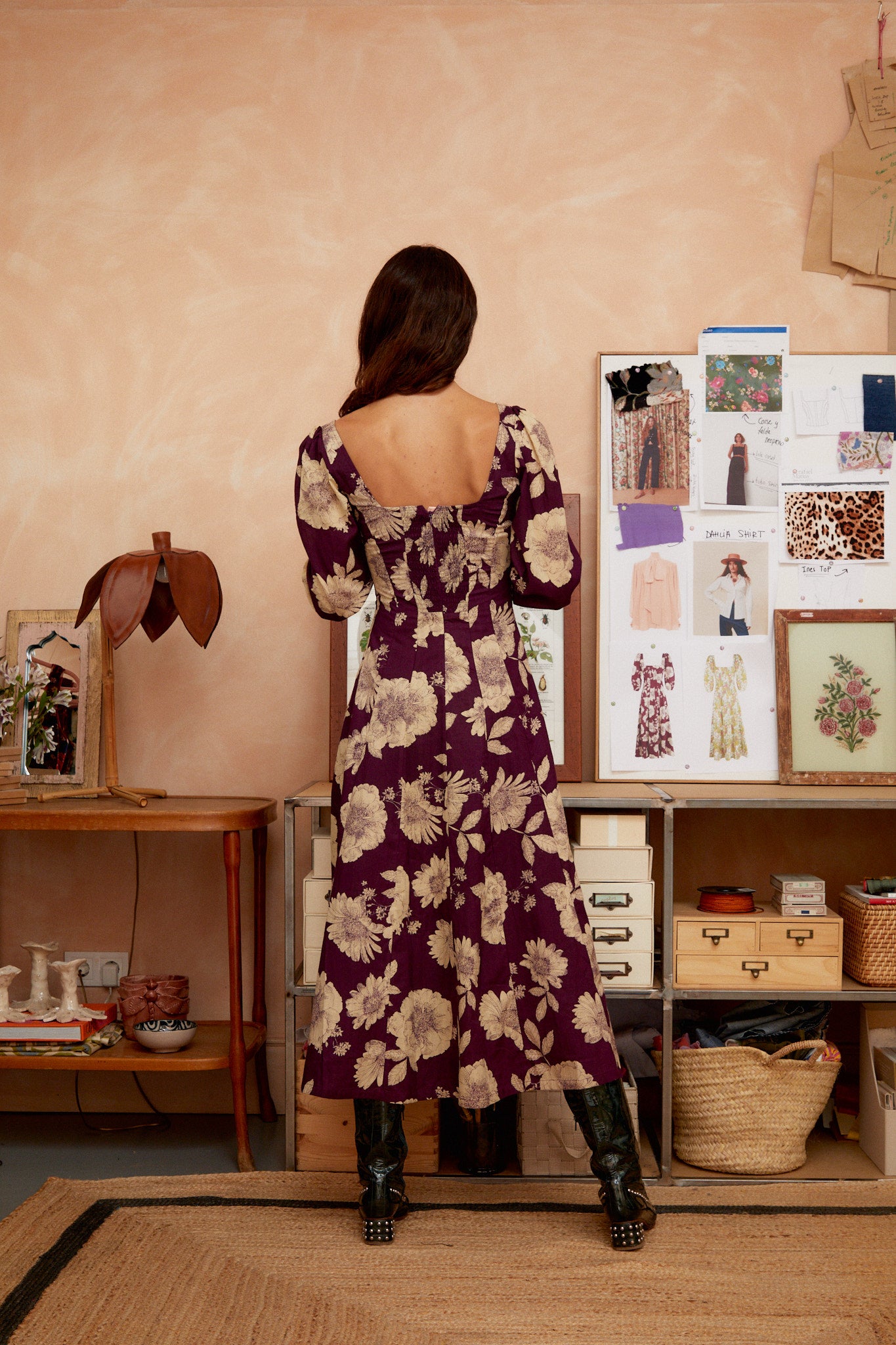 Aurelia dress, back view: aubergine with cream floral print, puff sleeves