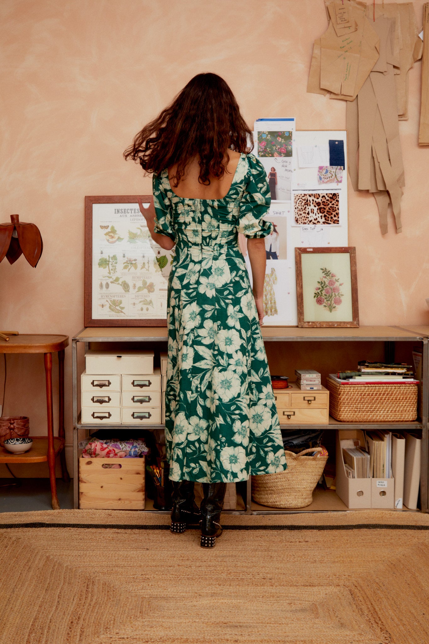 Aurelia dress, green floral print with square back, gathered waist, puff sleeves